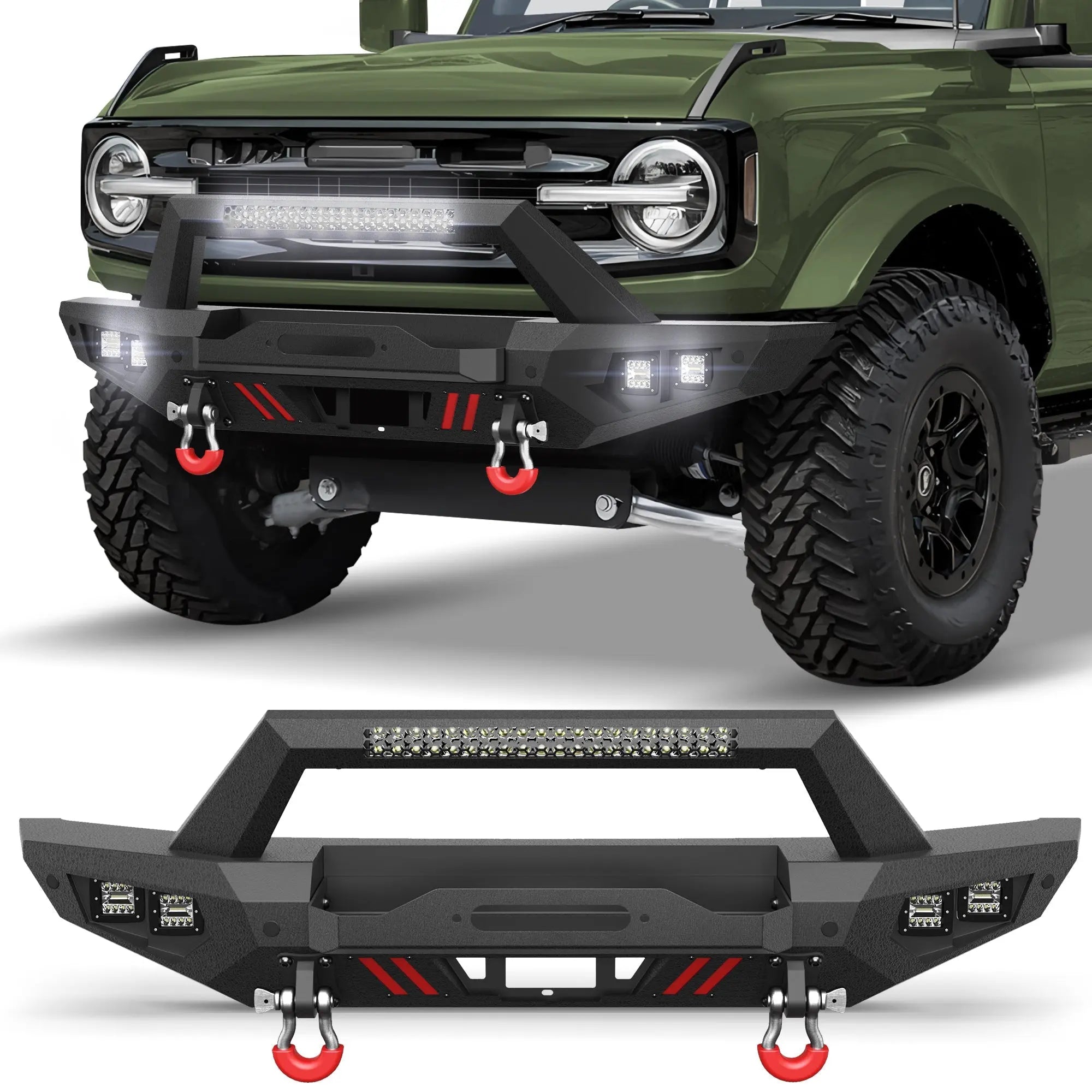 Bronco Front Bumper for 2021-2026 Ford Bronco | Off-Road Front Bumper with Winch Plate, LED Lights, D-Ring & Sensor Holes (Excludes Bronco Sport & Raptor) - nadiaauto