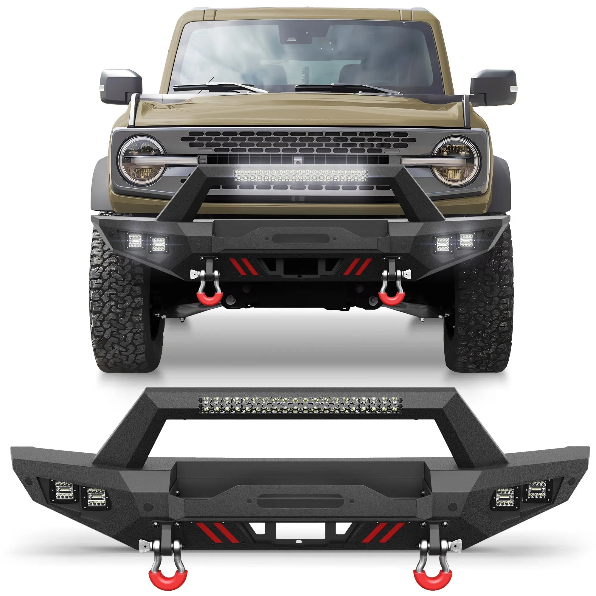Bronco Front Bumper for 2021-2026 Ford Bronco | Off-Road Front Bumper with Winch Plate, LED Lights, D-Ring & Sensor Holes (Excludes Bronco Sport & Raptor) - nadiaauto