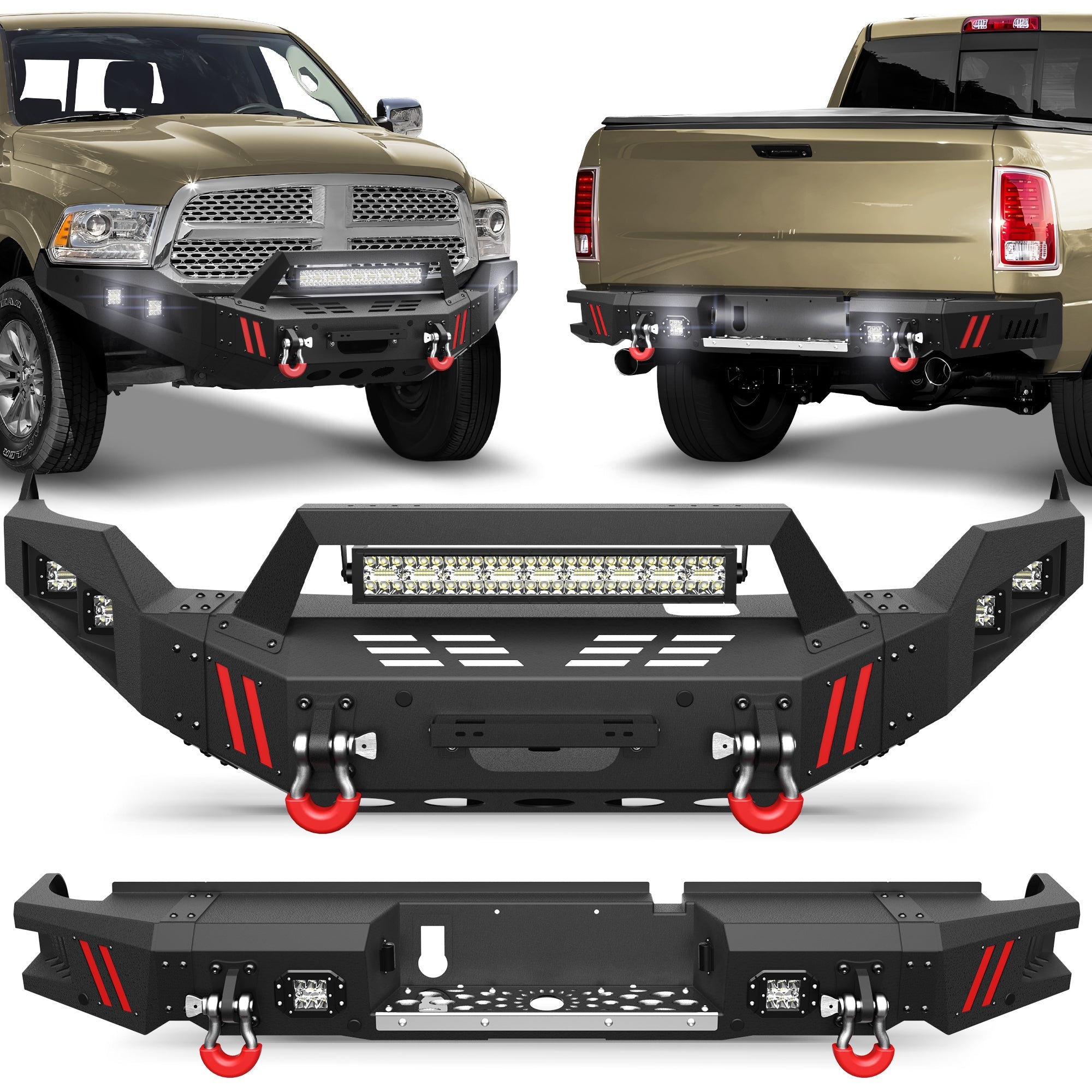 Durable Bumpers for Ram 1500, Fit 2013-2018 & 2019-2024 Classic, Winch Plate, Bright LED - nadiaauto