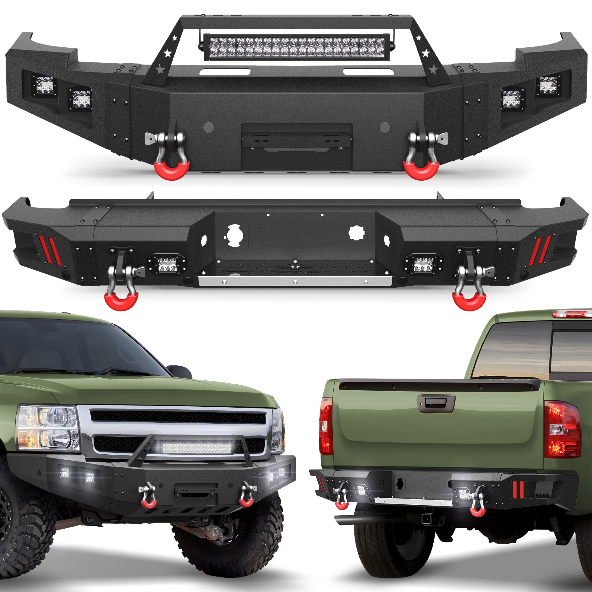 Fits 2007-2013 Chevy Silverado 1500 Bumper Set with Winch Plate and LED Lights - nadiaauto