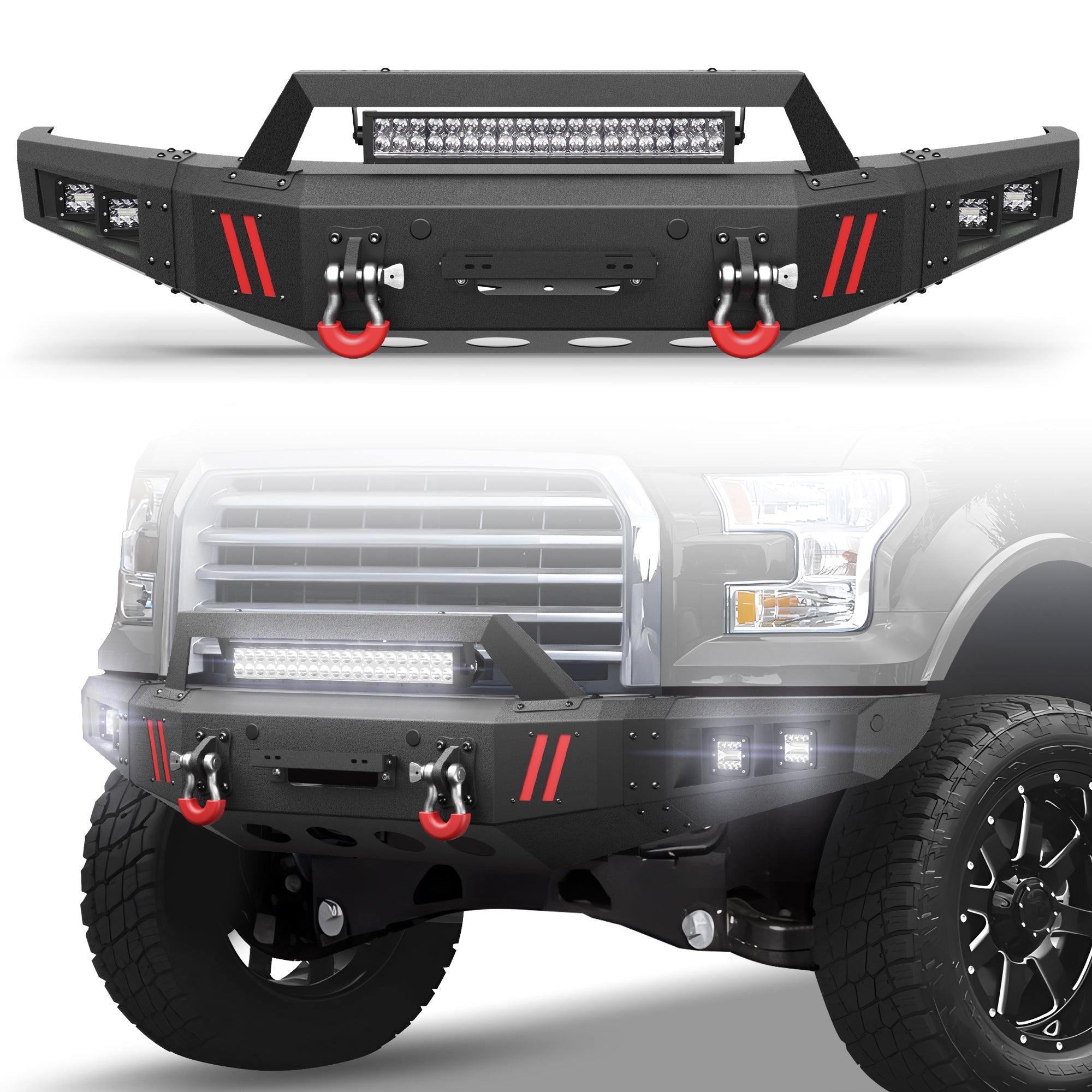Heavy-Duty Off-Road Front Bumper for Ford F150 2015 2016 2017 with Winch Plate and Bright LED Light - nadiaauto