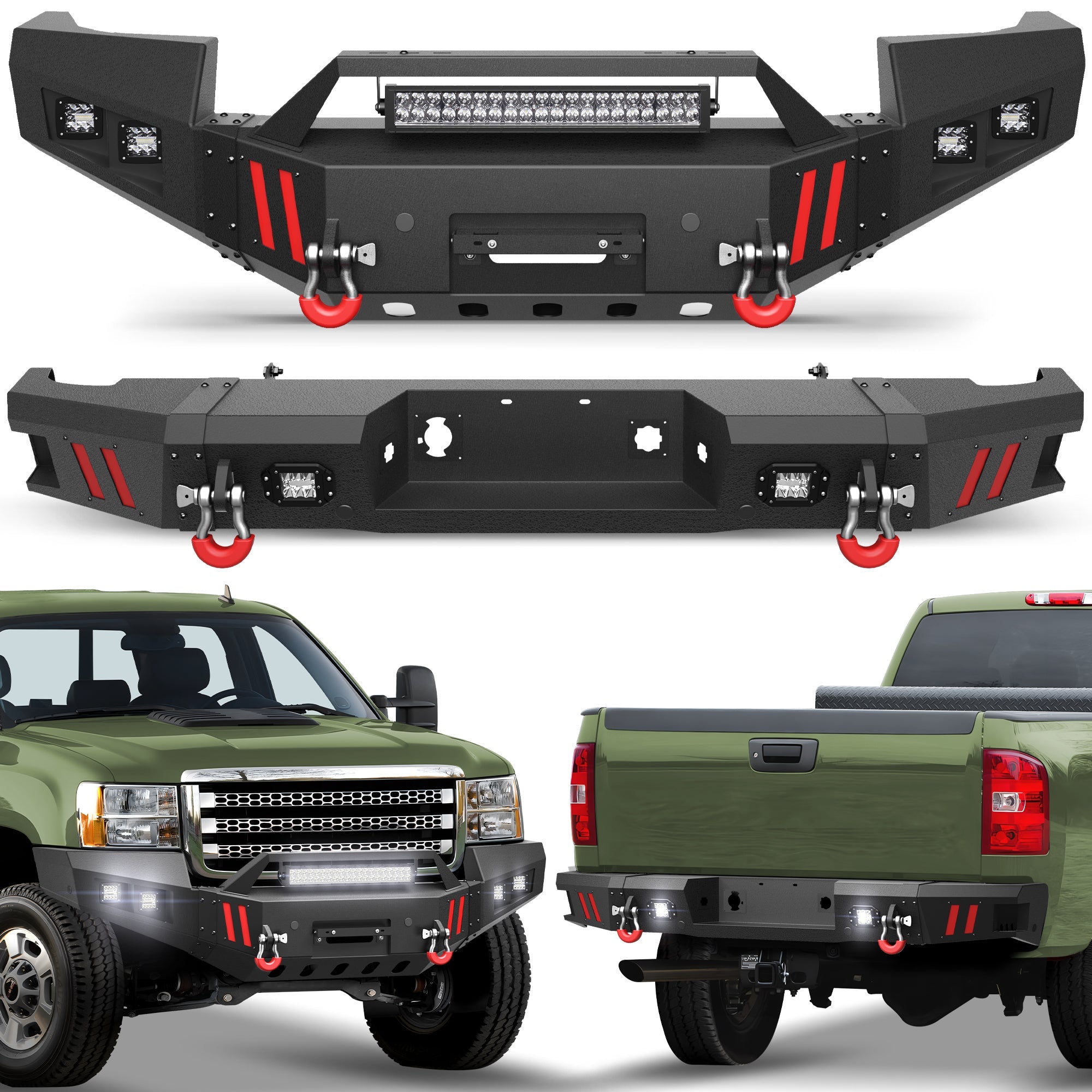 Heavy-Duty Bumper Set for 2011- 2014 GMC Sierra 2500/3500 with Winch Plate, LED Light - nadiaauto