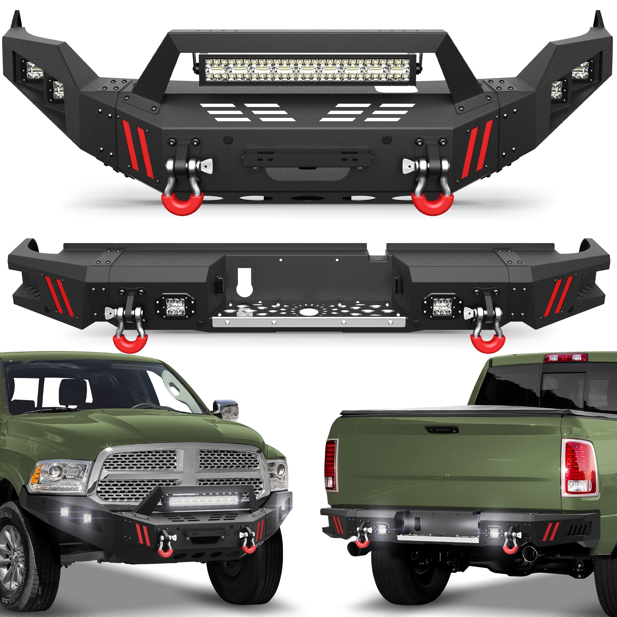 Ram 1500 Front and Rear Bumper Set for 2013-2018 Ram 1500 (Exclude Rebel) and 2019-2024 Ram 1500 Classic (Exclude Warlock) - nadiaauto