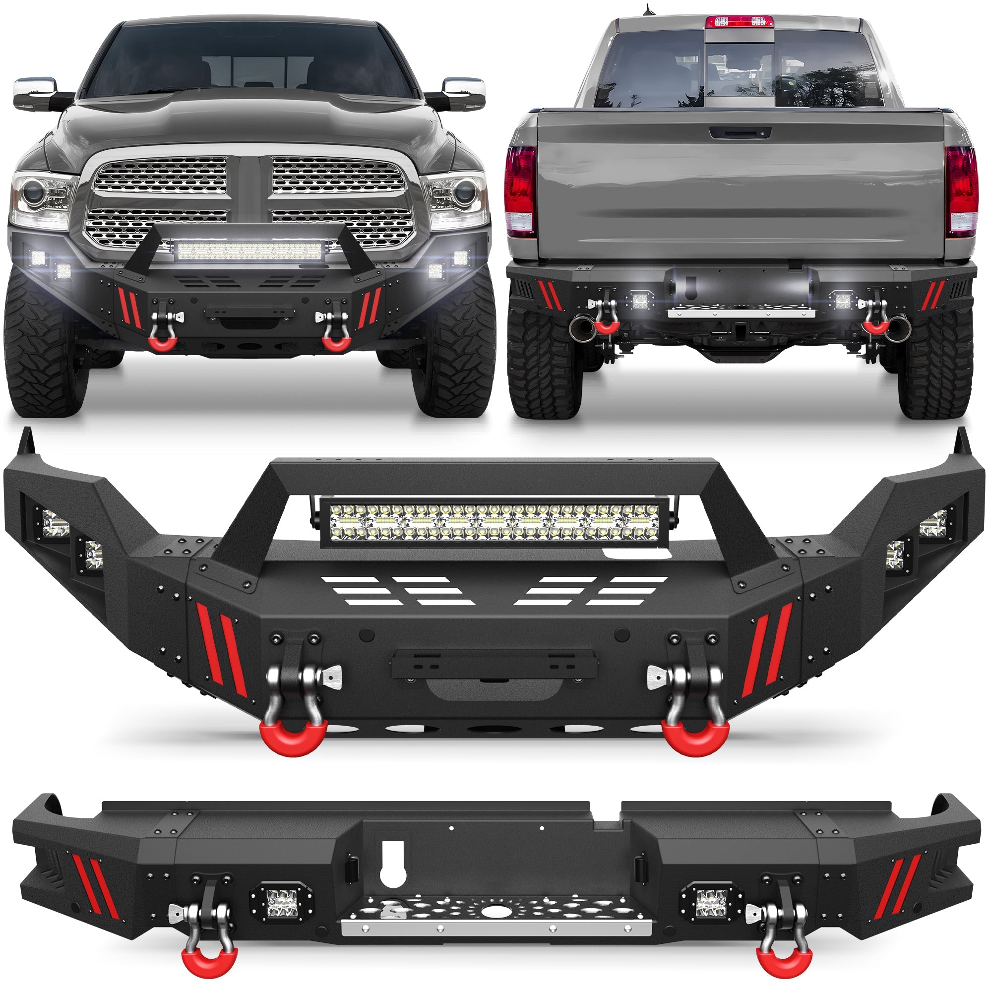 Durable Bumpers for Ram 1500, Fit 2013-2018 & 2019-2024 Classic, Winch Plate, Bright LED - nadiaauto