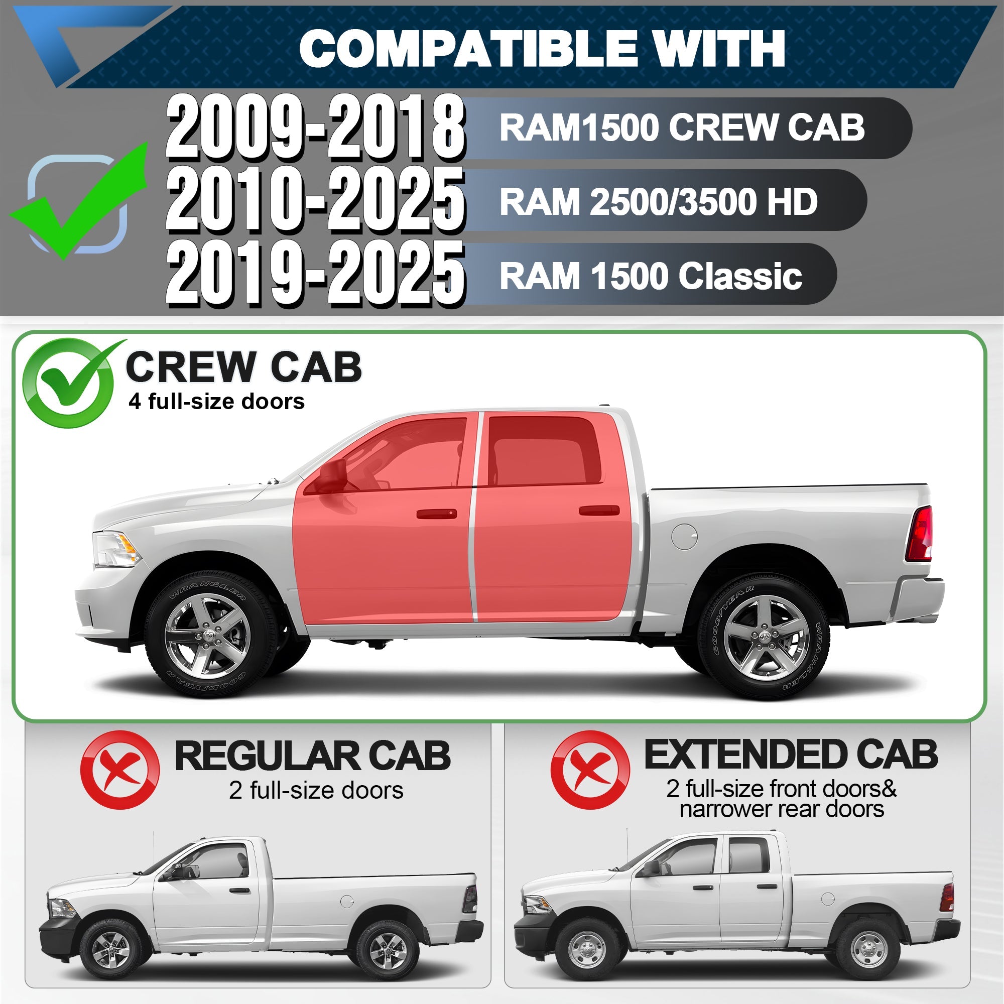 Running Boards Side Steps Compatible with 2009 - 2018 Dodge Ram 1500, 2010 - 2025 Ram 2500/3500 Crew Cab - nadiaauto