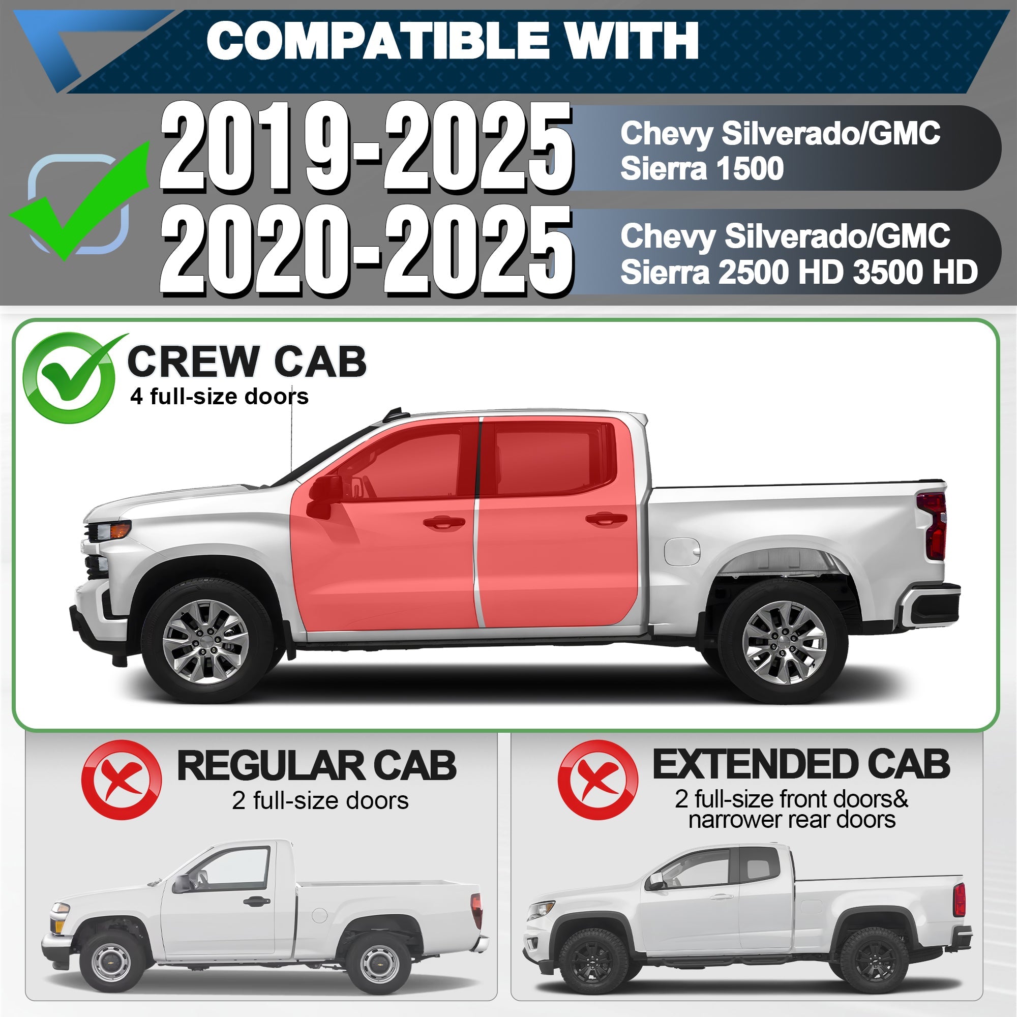 Side Steps for 2019-2025 Chevy Silverado & GMC Sierra 1500, 2020-2025 Chevrolet Silverado/GMC Sierra 2500HD 3500HD Crew Cab