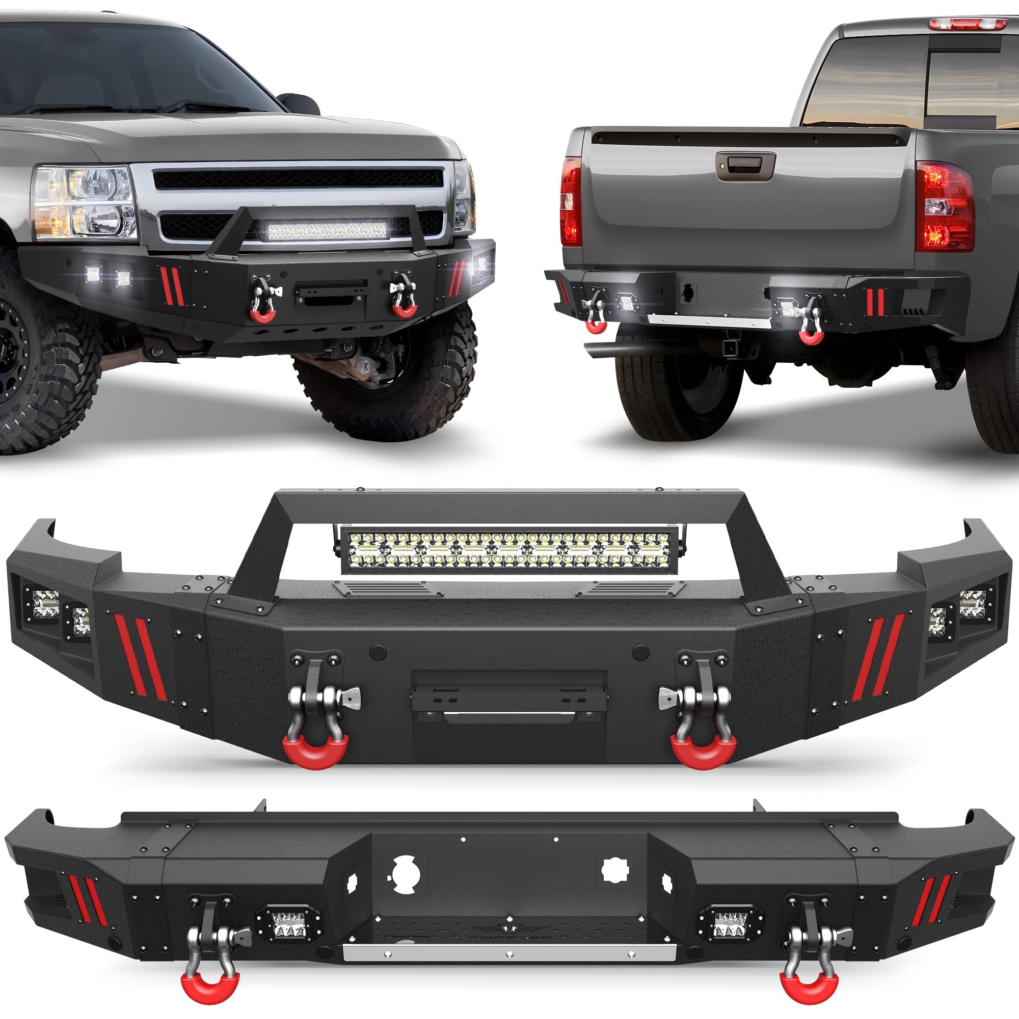 2007-2013 Chevy Silverado 1500 Bumper Set with Winch Plate & Bright LED Lights - nadiaauto