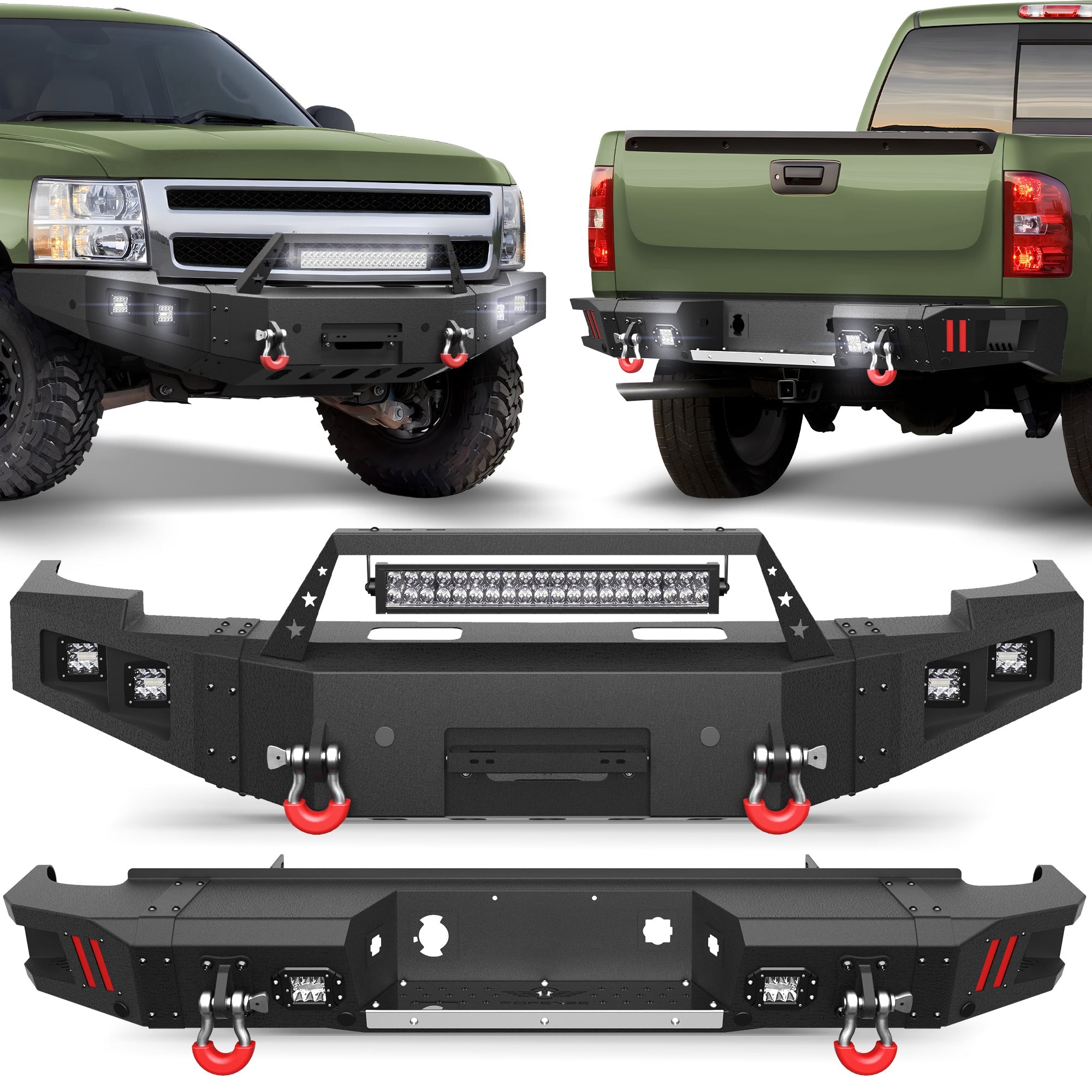 Silverado 1500 Front & Rear Bumper Kit for 2007-2013 Chevy Silverado 1500 | Heavy-Duty Steel Bumper Set with Winch Plate, LED Lights, Rear Step Plate, D-Rings & Parking Sensor Holes - nadiaauto