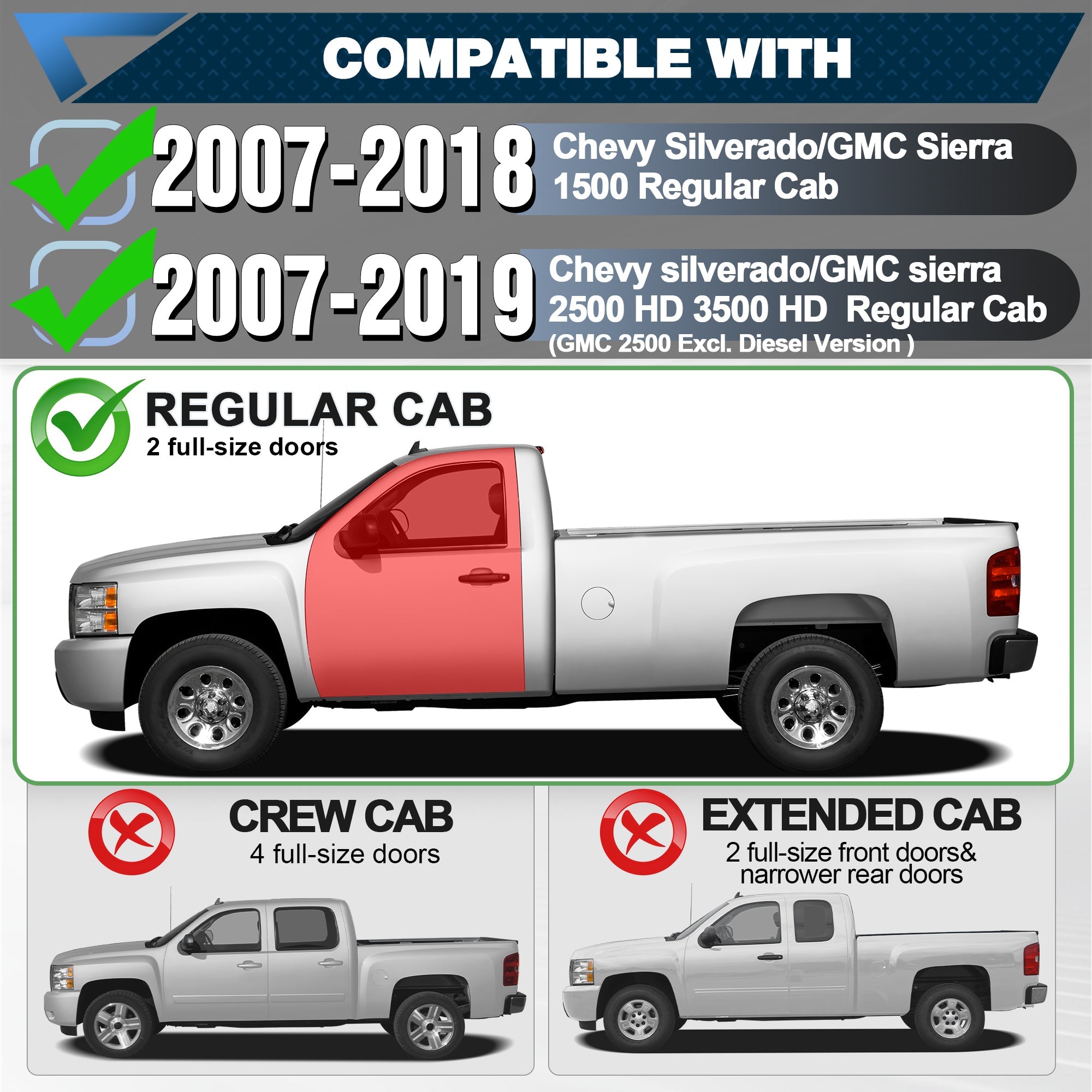 Silverado 1500 Running Boards Side Steps Compatible for 2007 - 2018 Silverado 1500 Regular Cab 2 Doors Only - nadiaauto