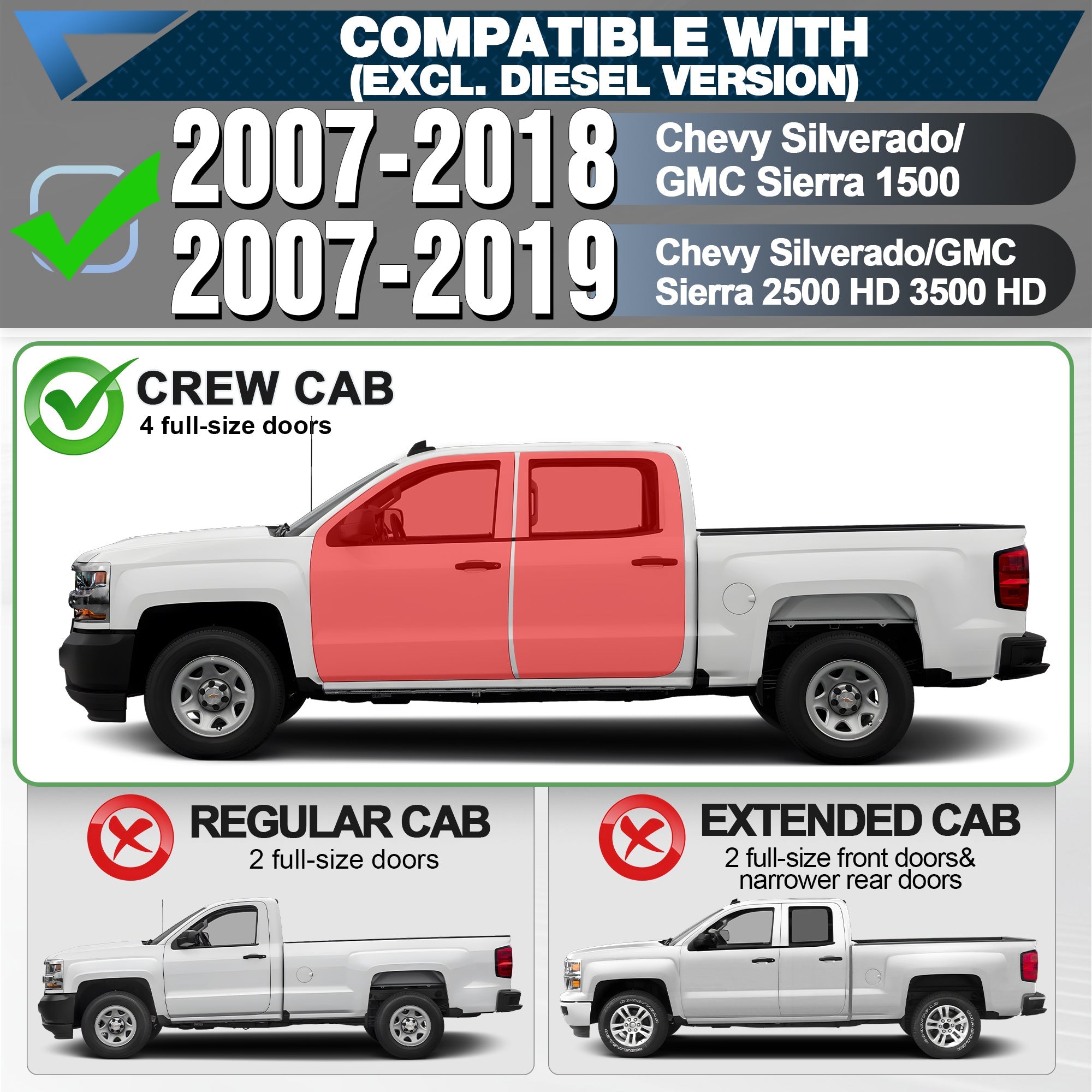 Silverado Running Boardsfor 2007 - 2018 Silverado & Sierra 1500, 2007 - 2019 2500HD/3500HD (4 - Door Only) - nadiaauto