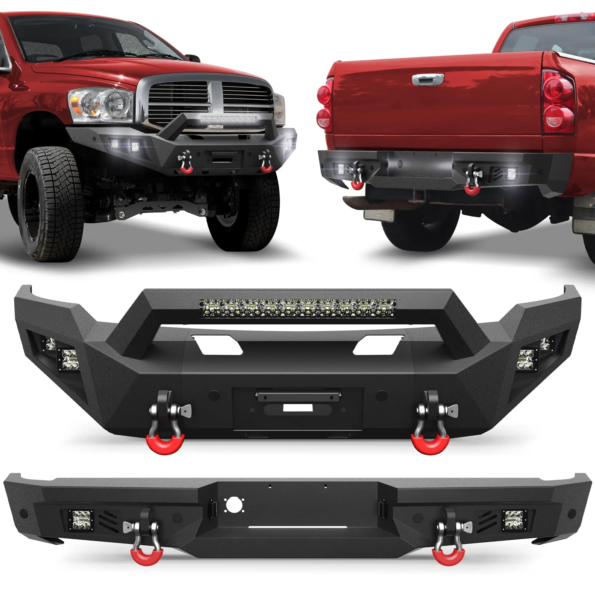 Ram 1500 Front & Rear Bumper Kit for 2006 2007 2008 Ram 1500 | Heavy-Duty Steel Bumper Set with Winch Plate, LED Lights, D-Ring & License Plate Bracket (Excluding Mega Cab)