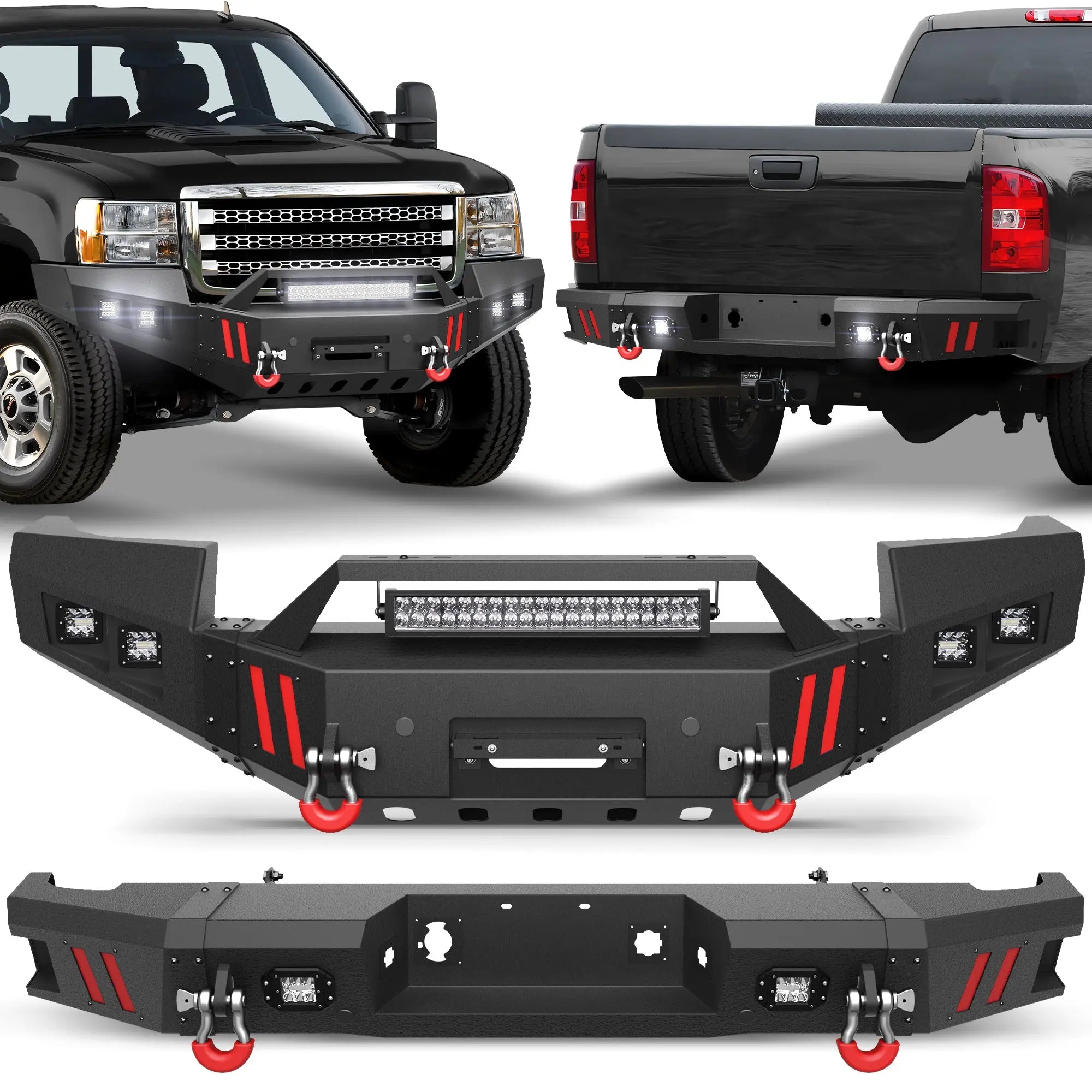 Longsun Heavy-Duty Bumper Set for 2011- 2014 GMC Sierra 2500/3500 with Winch Plate, LED Light