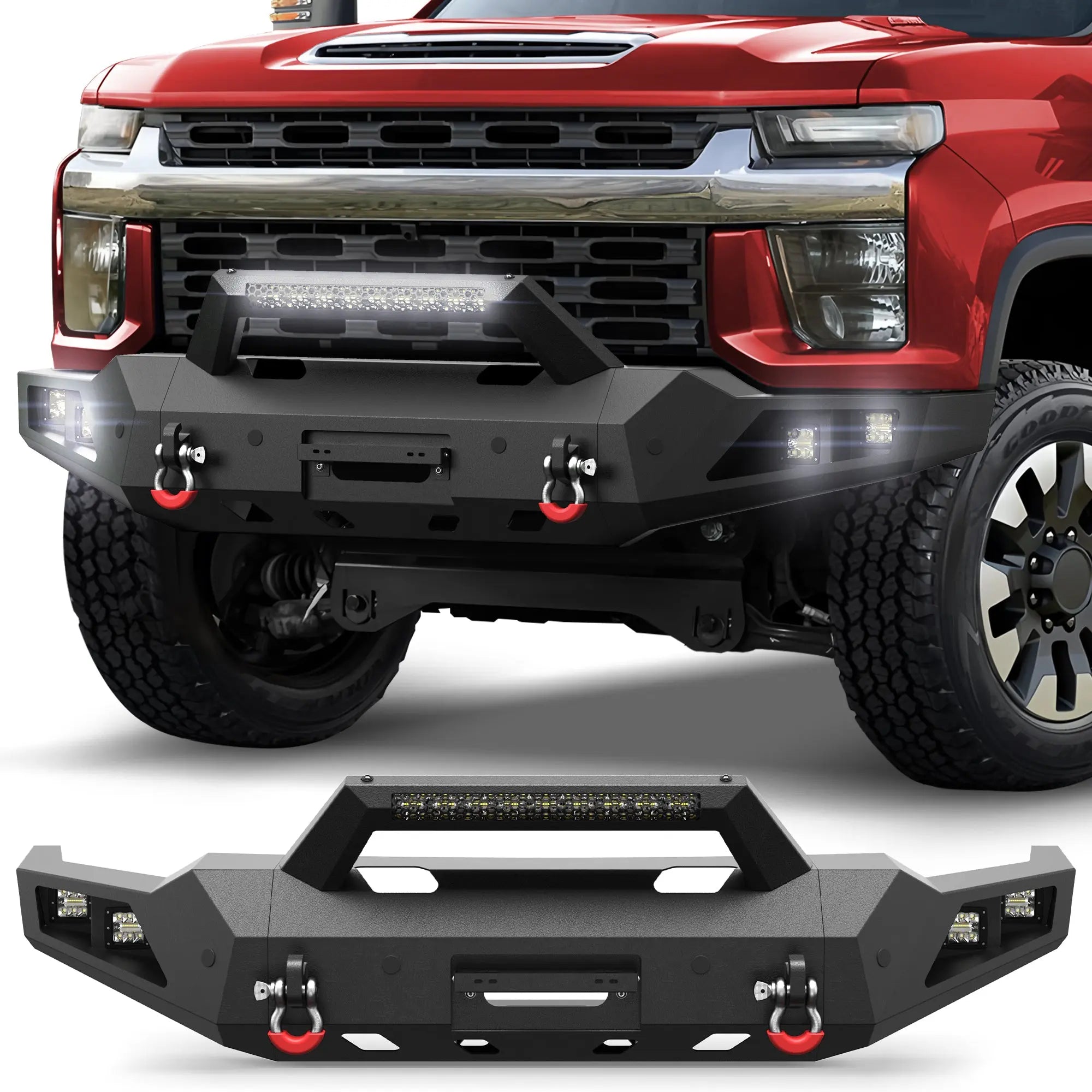 Front Bumper for 2020 2021 2022 2023 Chevy Silverado 2500HD 3500HD, Steel Winch Bumper with 12,000 lb Winch Plate, LED Lights & D-Rings