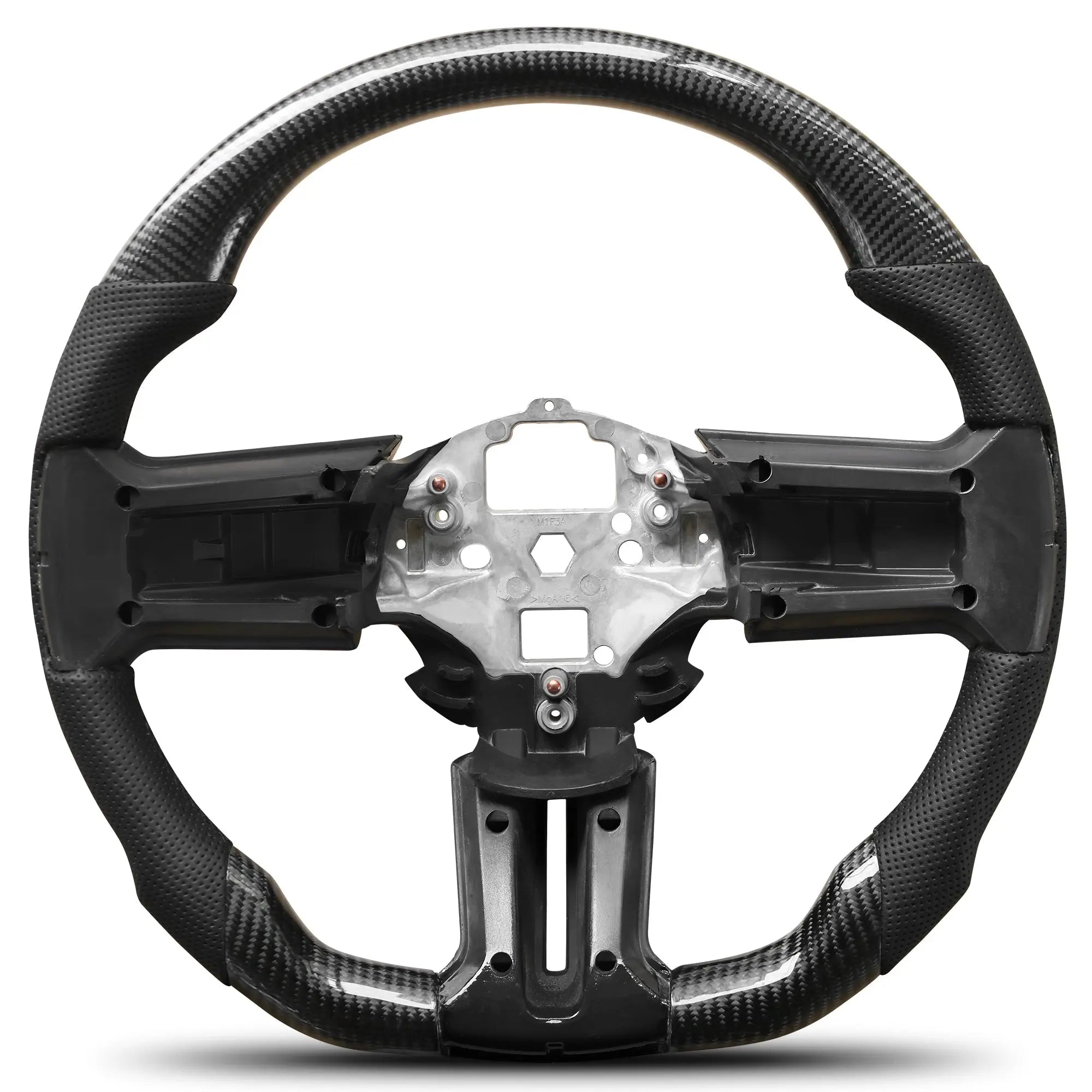 Carbon Fiber Steering Wheel for 2012–2014 Ford Mustang, Flat Bottom Performance Wheel with Nappa Leather Grip & Red Center Stripe