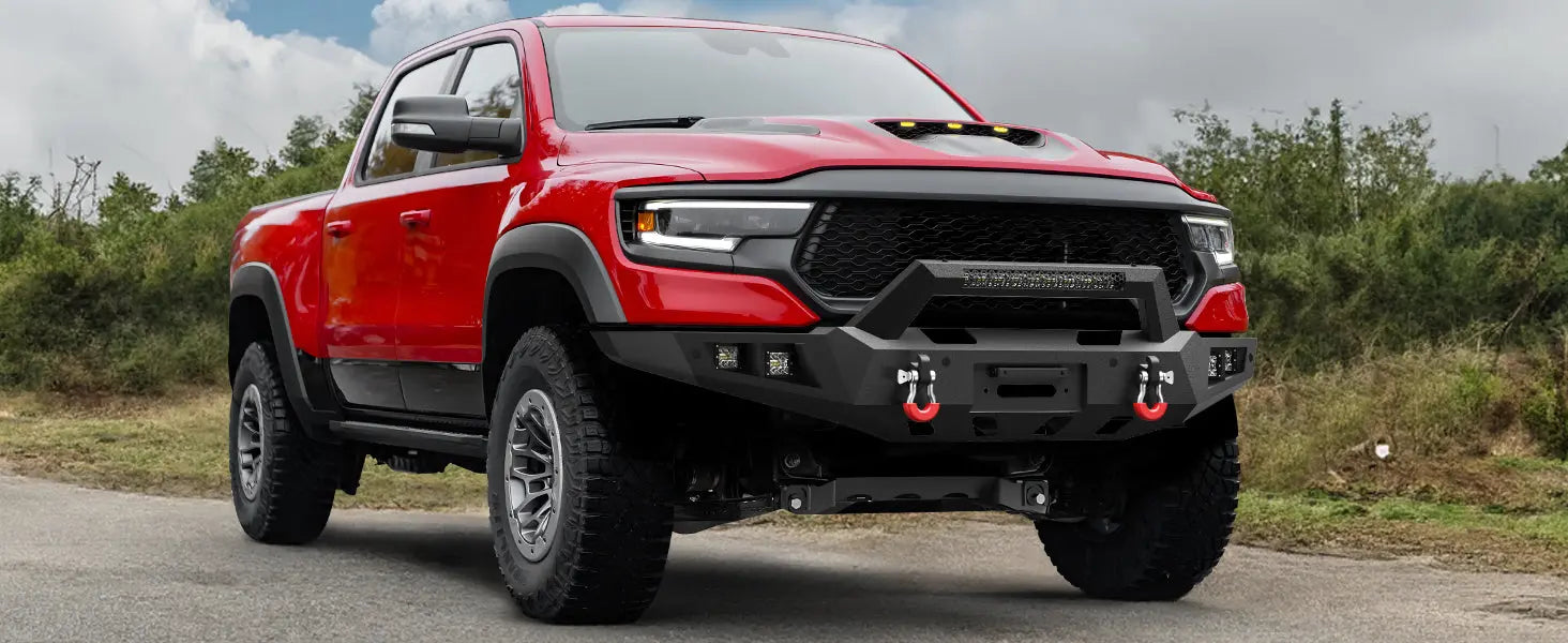 Longsun Front Bumper for 2021 2022 2023 2024 2025 Ram 1500 TRX | Heavy-Duty Steel Front Bumper with Winch Plate, LED Lights, D-Ring & Parking Sensor Holes
