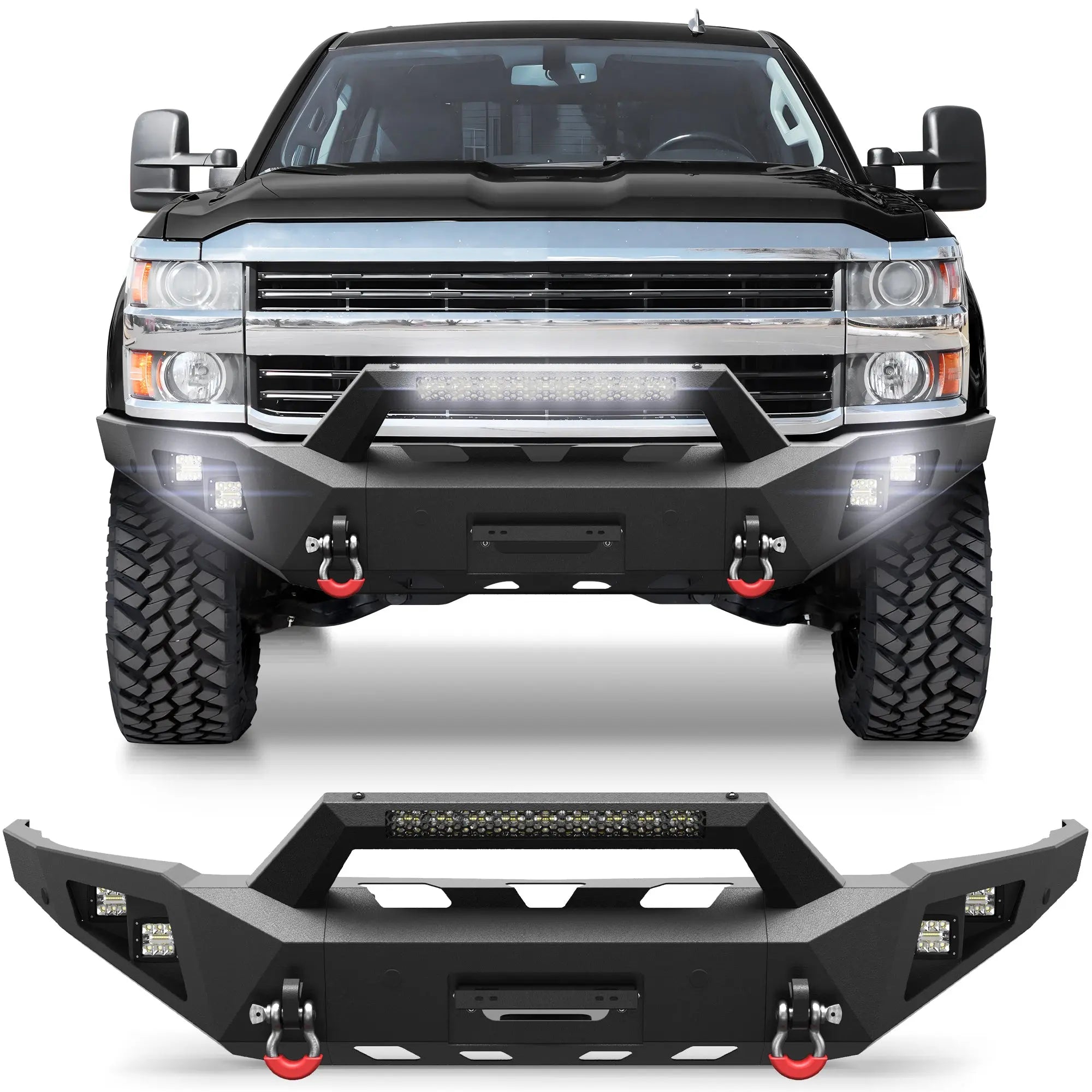 Longsun Front Bumper for 2015 2016 2017 2018 2019 Chevy Silverado 2500HD 3500HD | Heavy-Duty Steel Front Bumper with Winch Plate, LED Lights, D-Ring & Parking Sensor Holes