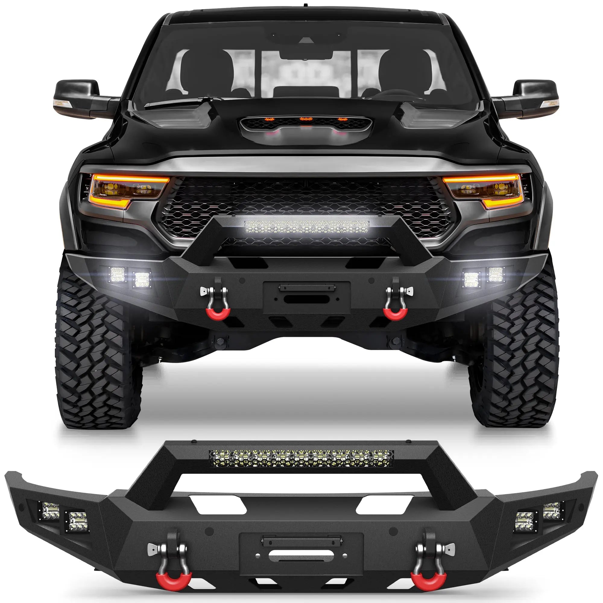 Longsun Front Bumper for 2021 2022 2023 2024 2025 Ram 1500 TRX | Heavy-Duty Steel Front Bumper with Winch Plate, LED Lights, D-Ring & Parking Sensor Holes