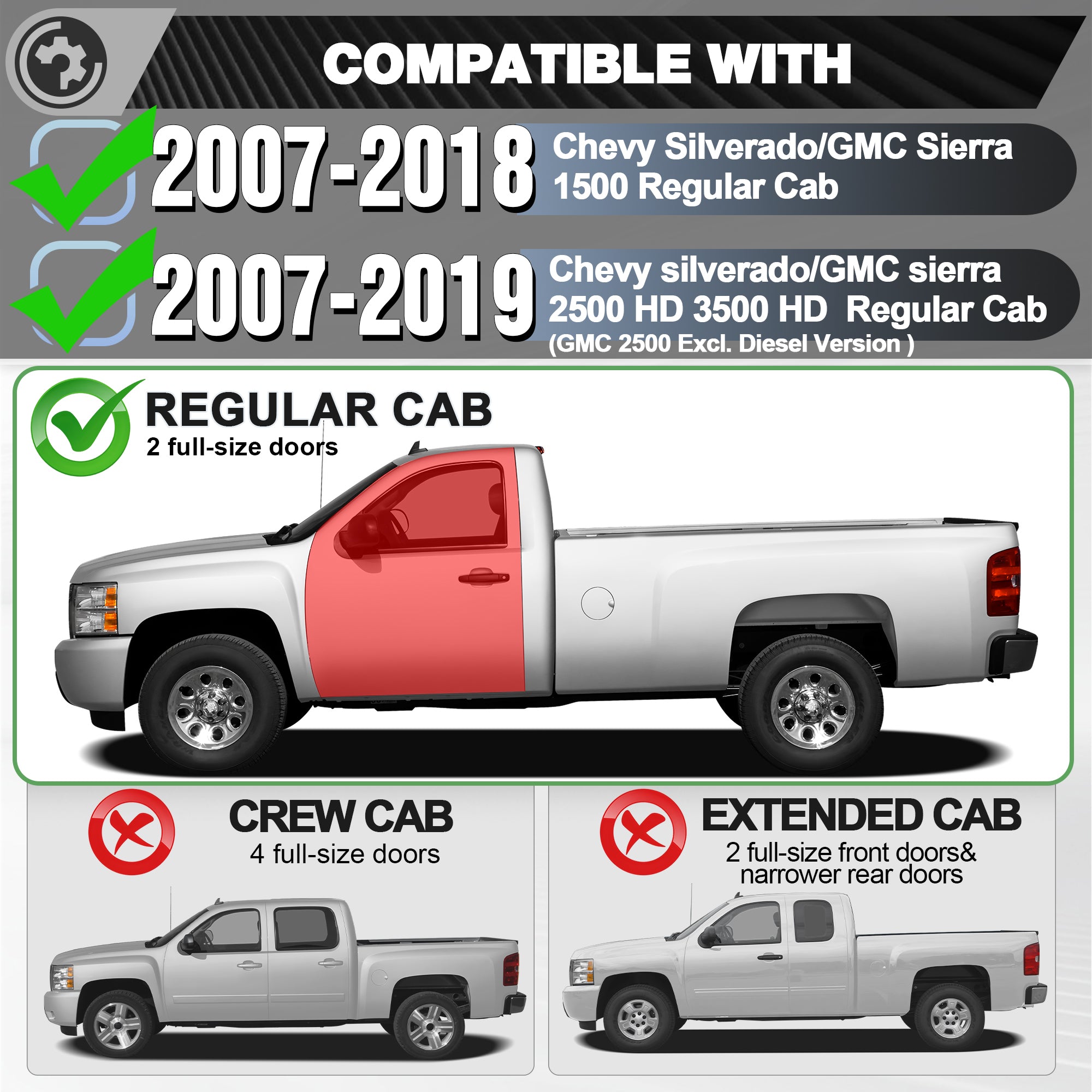 Silverado 1500 Running Boards Side Steps for 2007-2018 Silverado 1500 Regular Cab 2 Doors Only