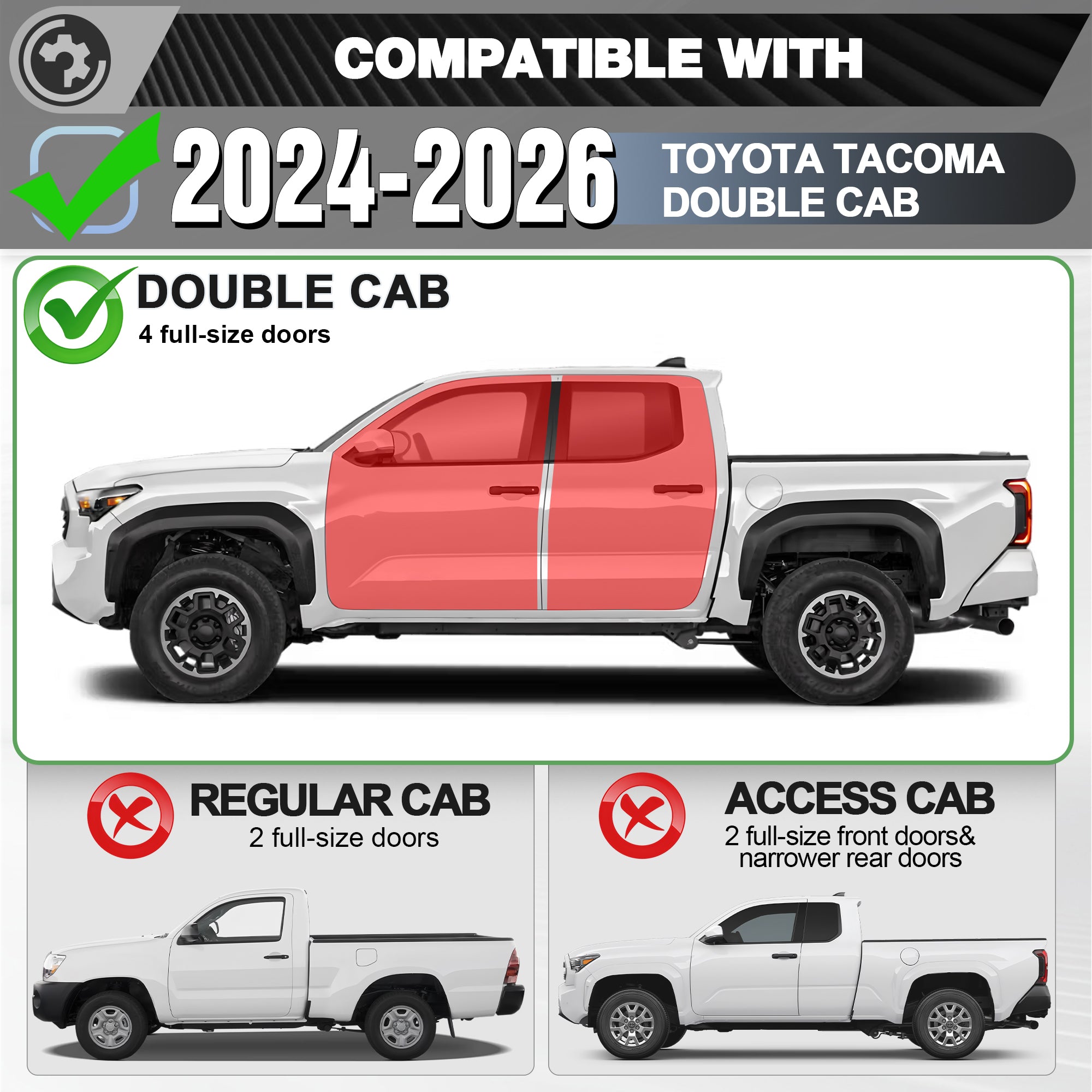 Tacoma Running Boards Side Steps for 2024-2026 Toyota Tacoma Double Cab (4 Full-Size Doors)