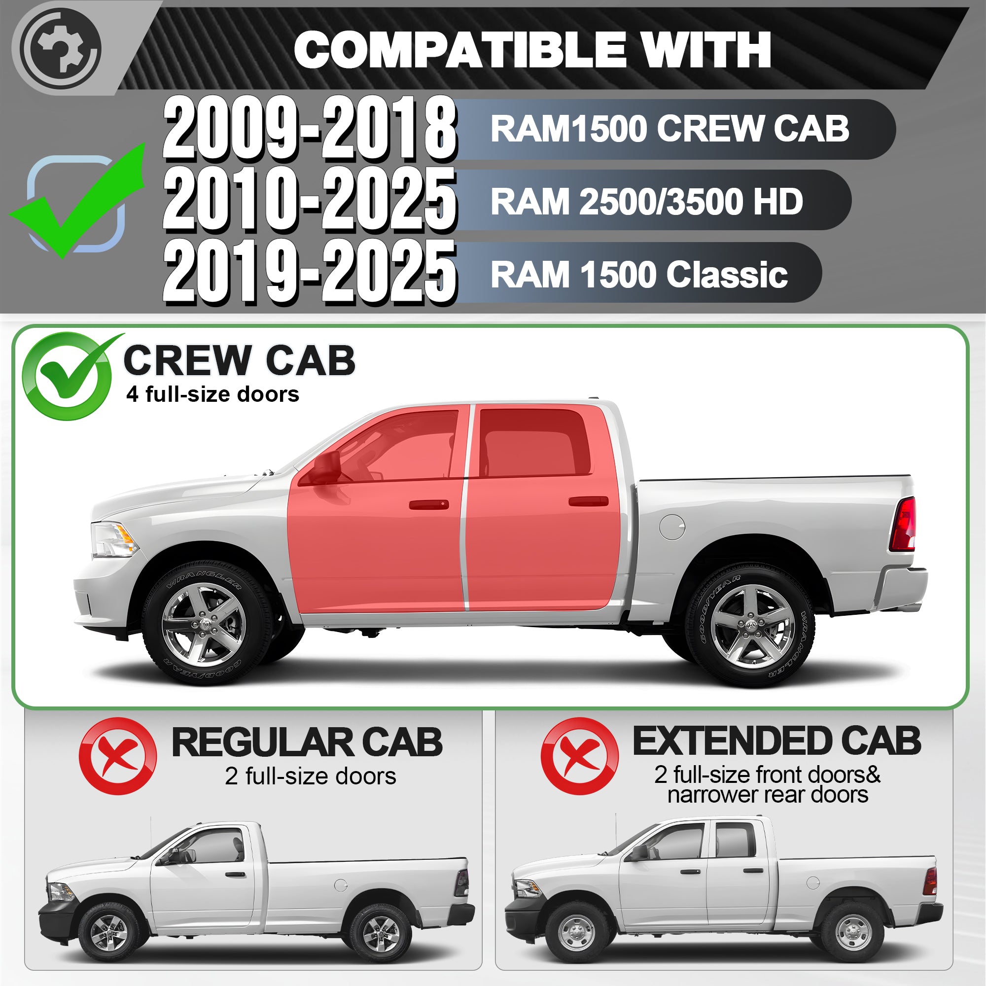 Running Boards Side Steps Compatible with 2009-2018 Dodge Ram 1500 (Including 2019-2025 Classic), 2010-2025 Ram 2500/3500 Crew Cab