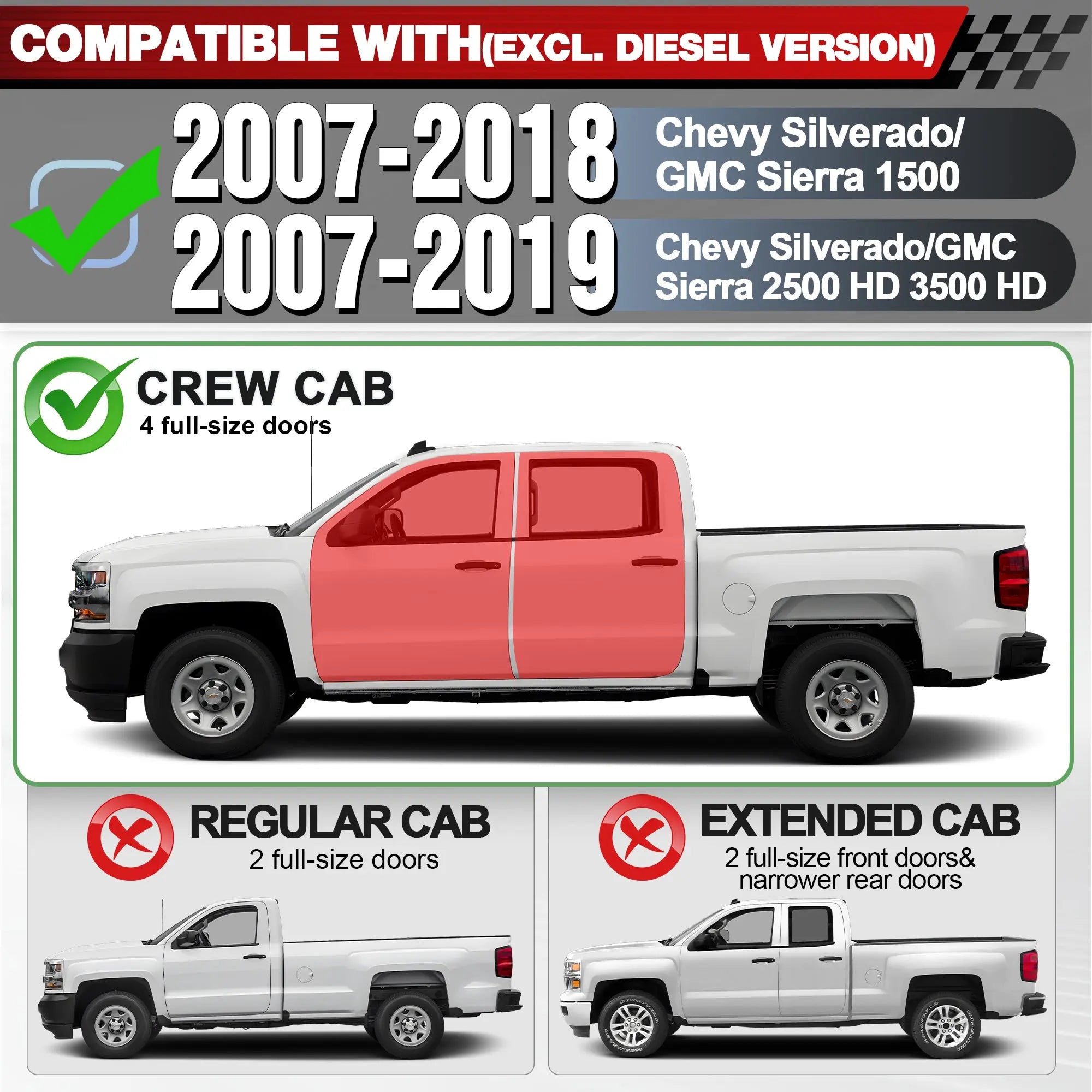 Running Boards for 2007–2018 Chevy Silverado GMC Sierra 1500 & 2007–2019 2500HD 3500HD Crew Cab