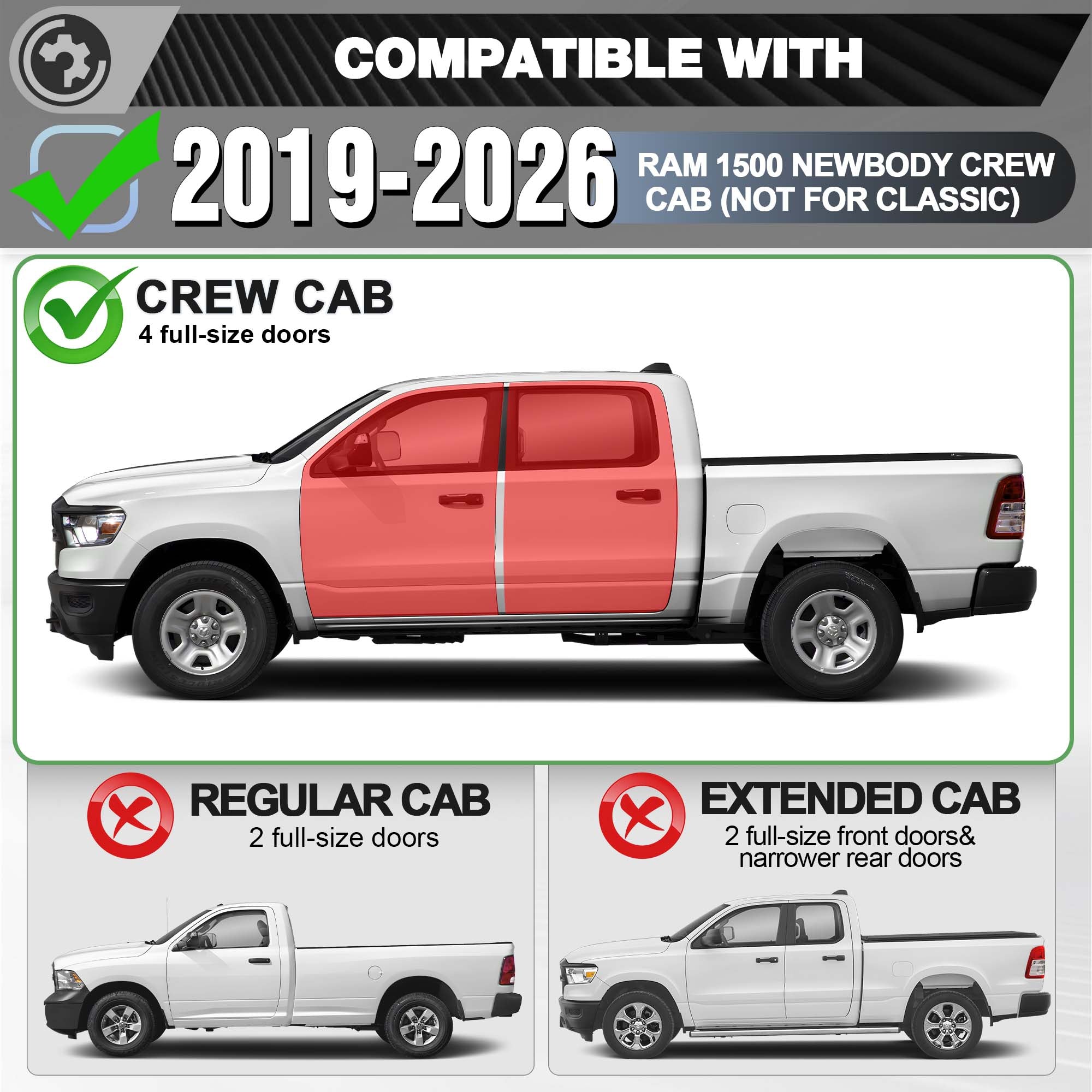 Ram 1500 Running Boards Side Steps for 2019-2026 Dodge Ram 1500 Crew Cab (No for Classic)