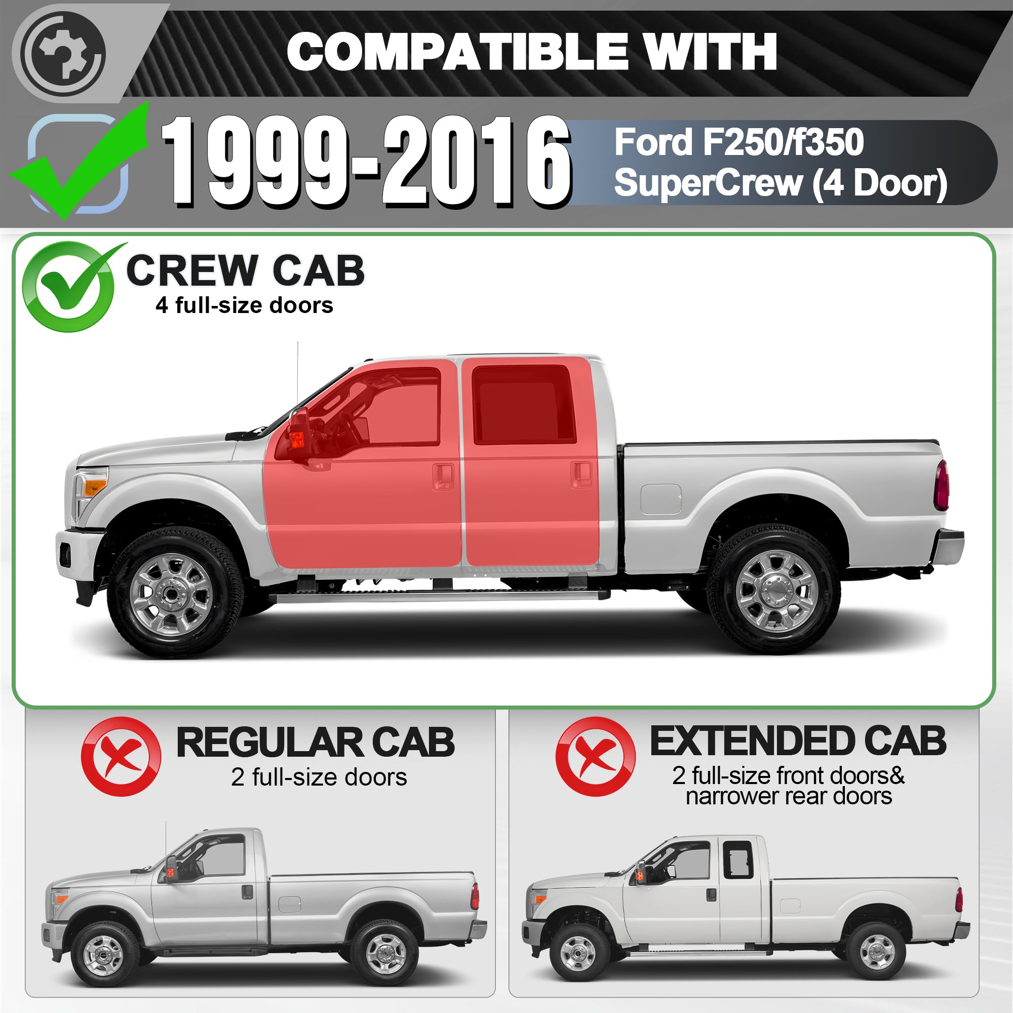 F250 Running Boards Side Steps Compatible for 1999-2016 Ford F250 SuperCrew (4 Door)