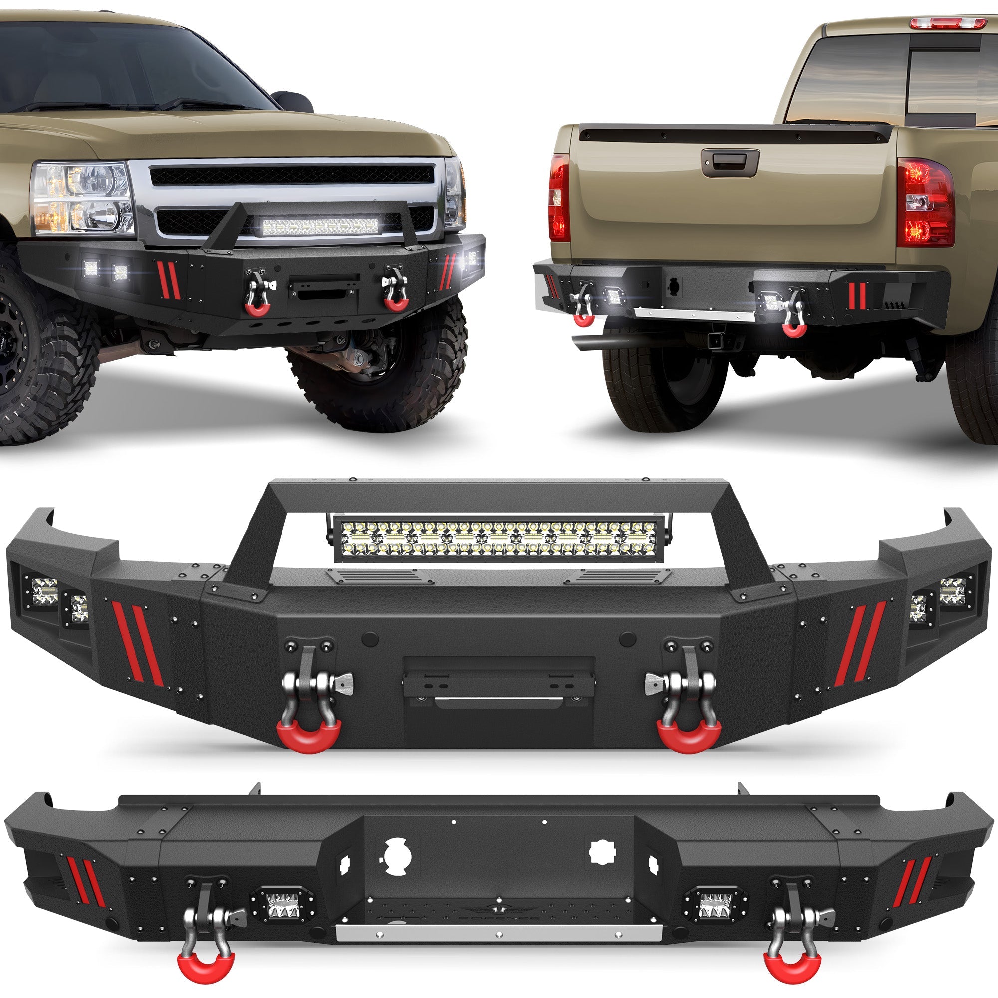 2007-2013 Chevy Silverado 1500 Bumper Set with Winch Plate & Bright LED Lights - nadiaauto