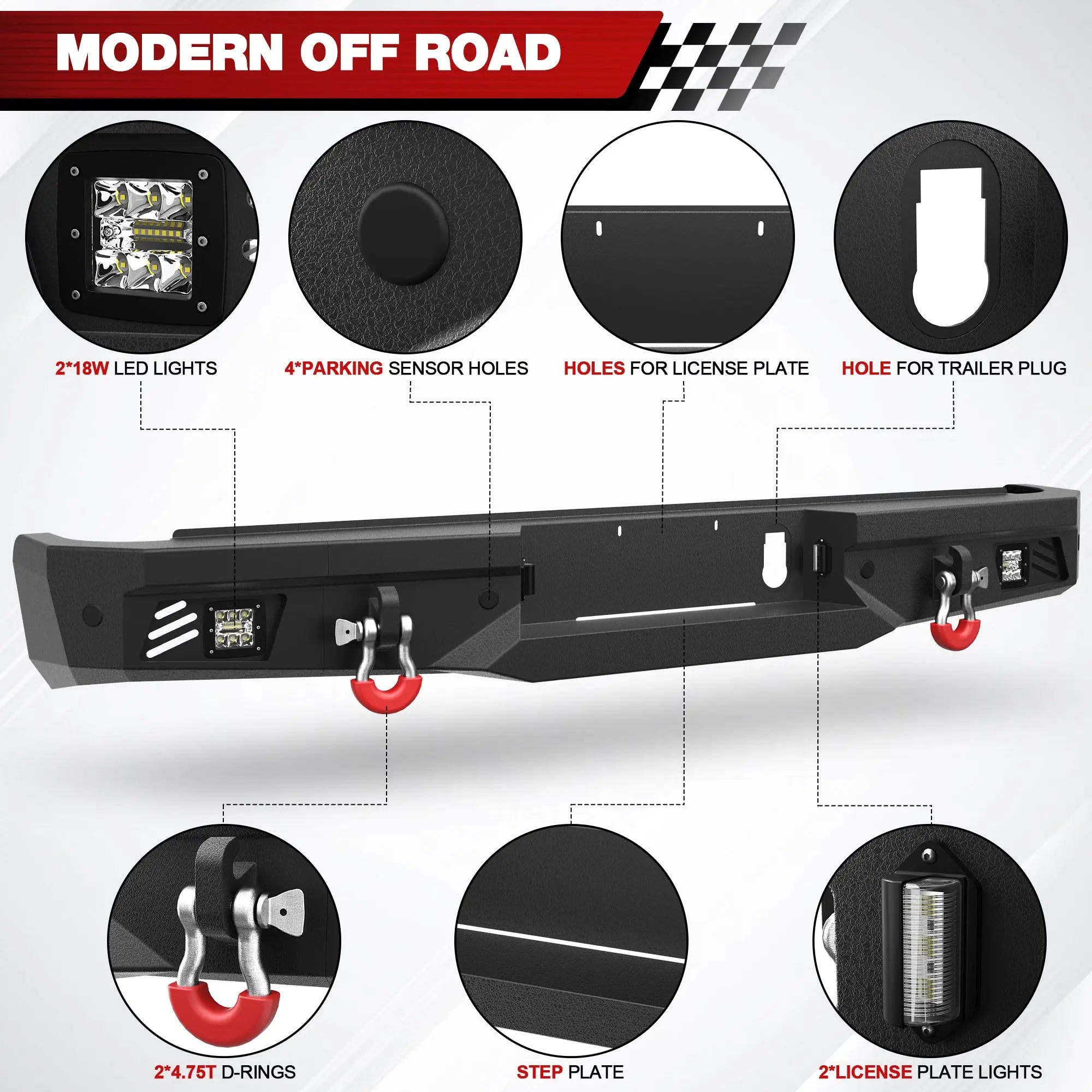 Longsun Ram 2500 Rear Back Bumper for 2010-2018 Ram 2500/3500 w/LED Lights and D-rings