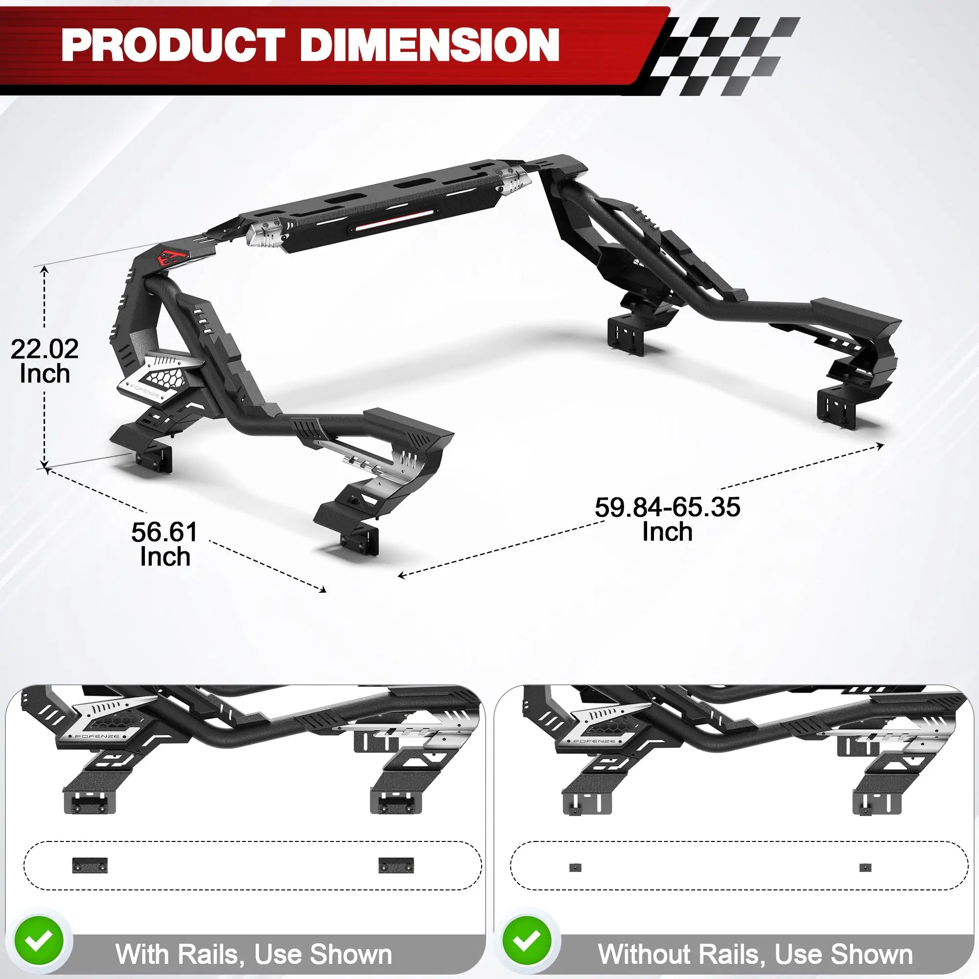 Truck Roll Bar for Full-Size Trucks, Adjustable High Clearance Carbon Steel Truck Bed Rack & Chase Rack Compatible with Ford F-150, F-250, F-350, Chevy Silverado, GMC Sierra, Ram 1500/2500/3500, Toyota Tundra & Nissan Titan