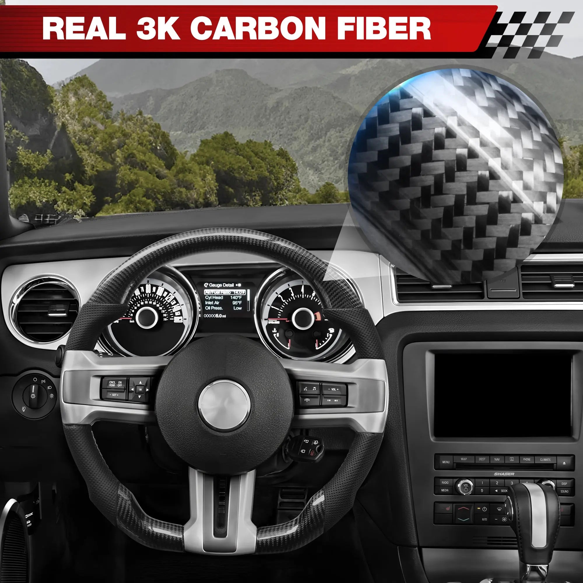 Carbon Fiber Steering Wheel for 2012–2014 Ford Mustang, Flat Bottom Performance Wheel with Nappa Leather Grip & Red Center Stripe