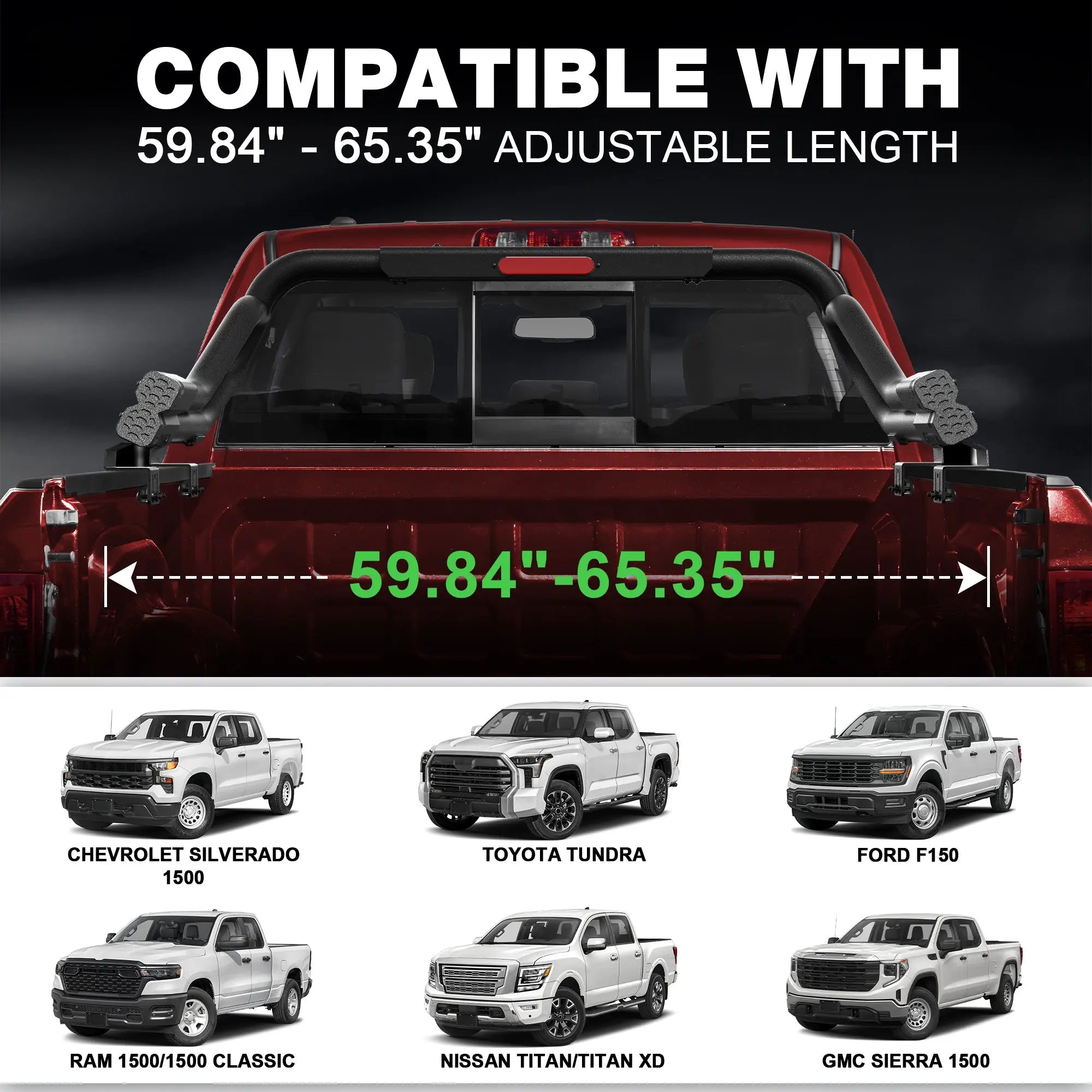 Adjustable Roll Bar for Full-Size Trucks, Heavy Duty Carbon Steel Truck Bed Rack & Chase Rack Compatible with Ford F-150, F-250, F-350, Chevy Silverado, GMC Sierra, Ram, Toyota Tundra & Nissan Titan