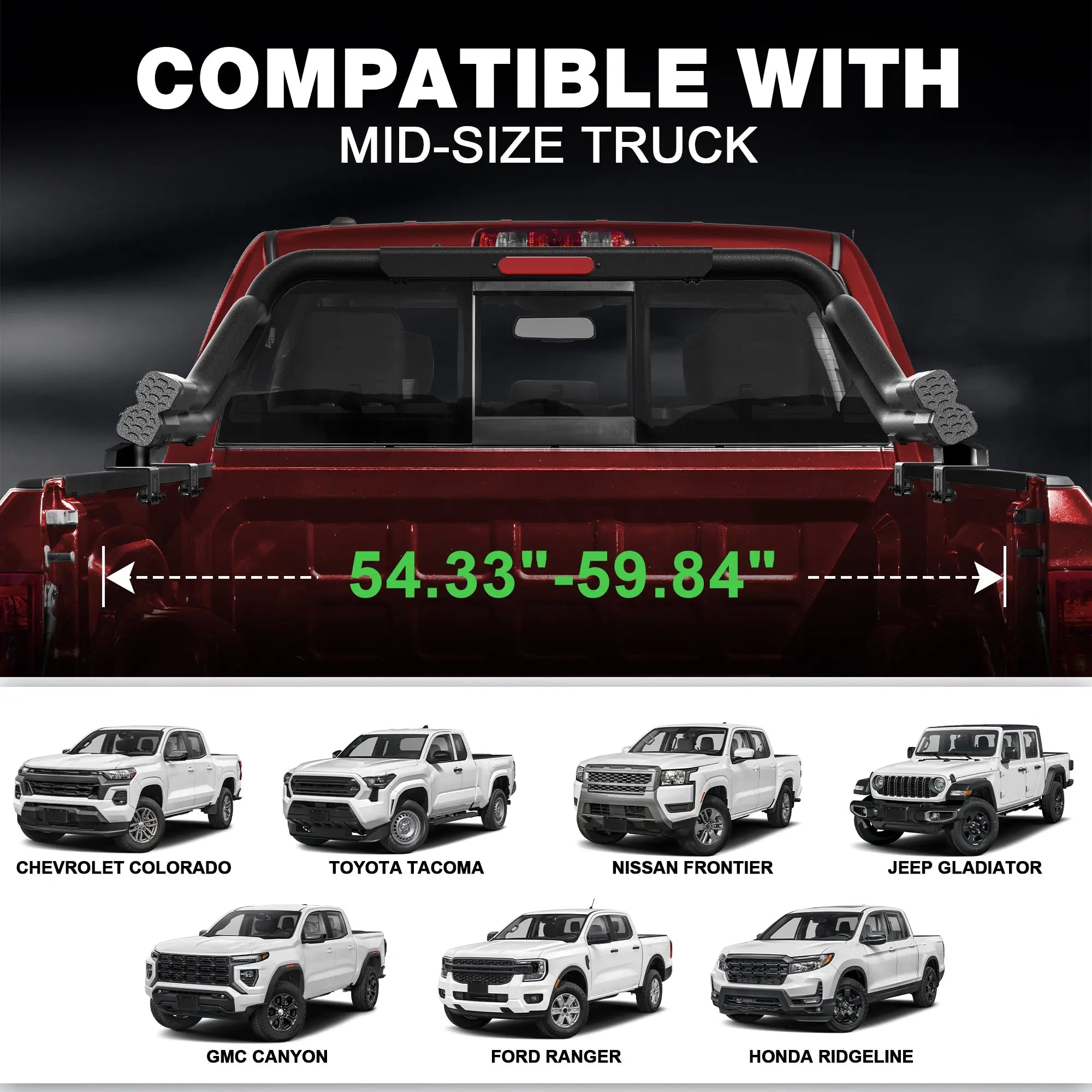 Truck Roll Bar for Mid-Size Trucks, Adjustable Sport Bar & Chase Rack Compatible with Toyota Tacoma, Jeep Gladiator JT, Chevy Colorado, GMC Canyon, Ford Ranger, Nissan Frontier & Honda Ridgeline
