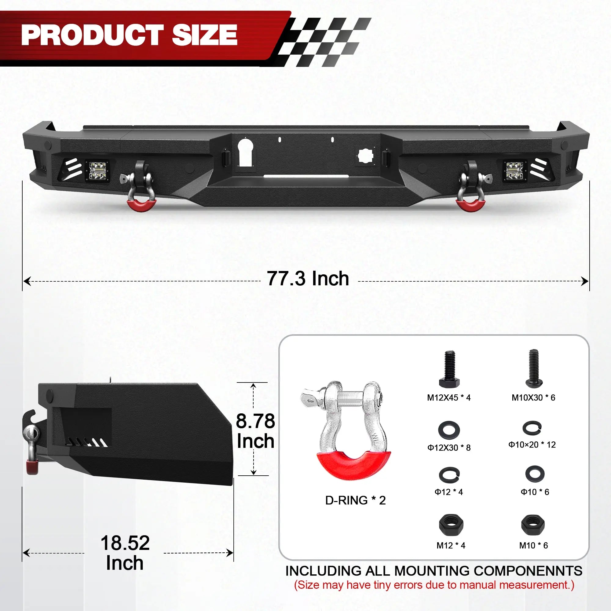 Rear Bumper for 2020–2026 Chevy Silverado GMC Sierra 2500HD 3500HD, Steel Step Bumper with LED Lights, D-Rings & Sensor Holes, Non-BSM