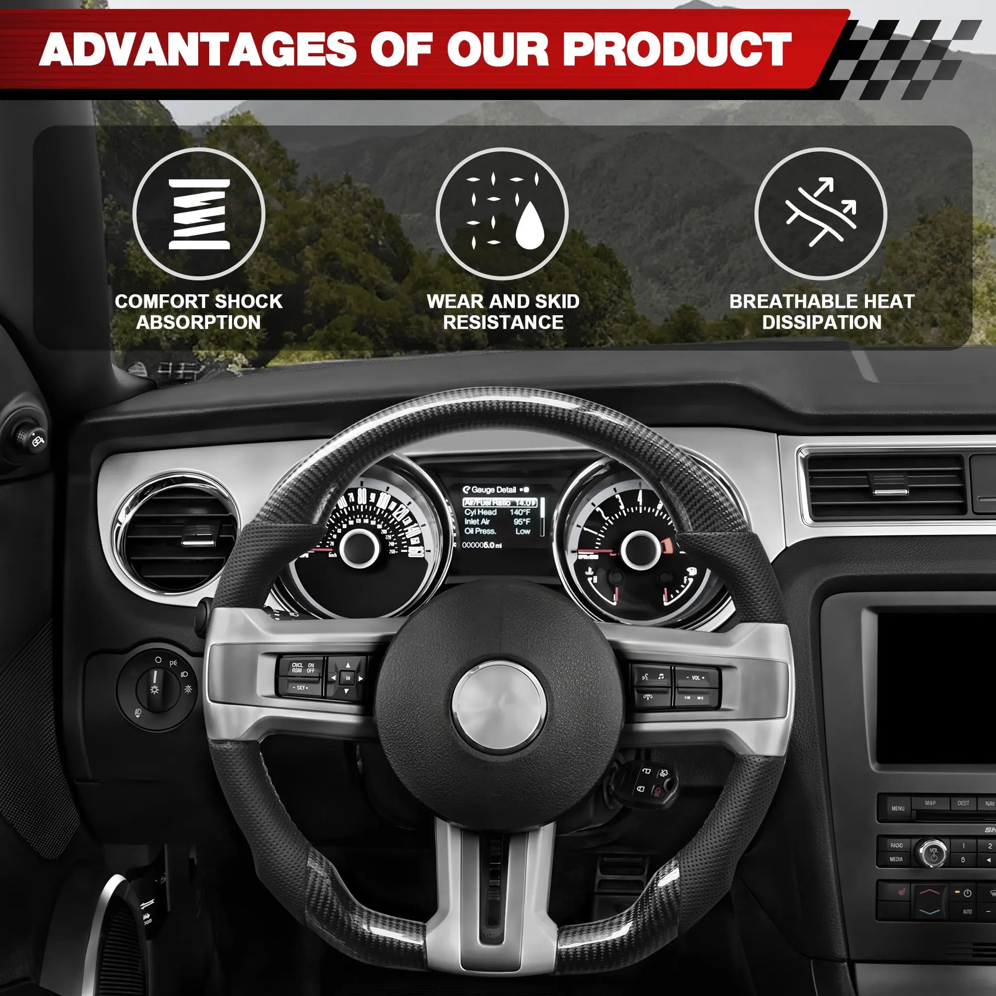 Carbon Fiber Steering Wheel for 2012–2014 Ford Mustang, Flat Bottom Performance Wheel with Nappa Leather Grip & Red Center Stripe