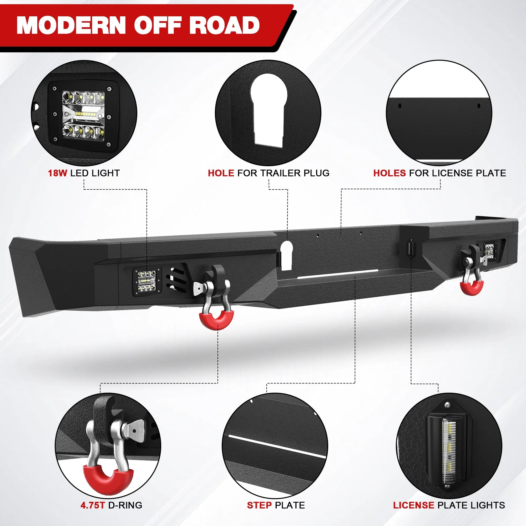 Front & Rear Bumper Set for 2013–2018 Ram 1500 & 2019–2024 Ram 1500 Classic, Steel Bumpers with LED Lights, D-Rings, Rear Step & Sensor Holes