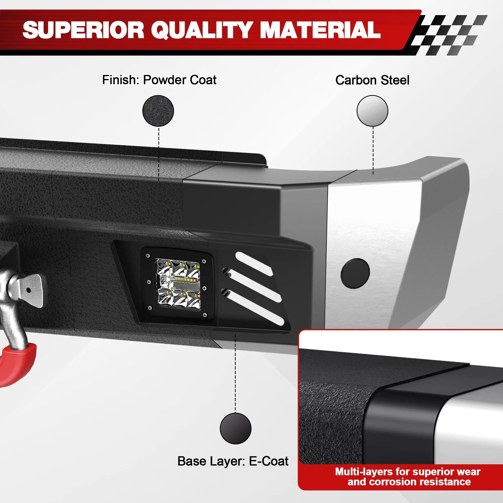 Longsun Ram 2500 Rear Back Bumper for 2010-2018 Ram 2500/3500 w/LED Lights and D-rings