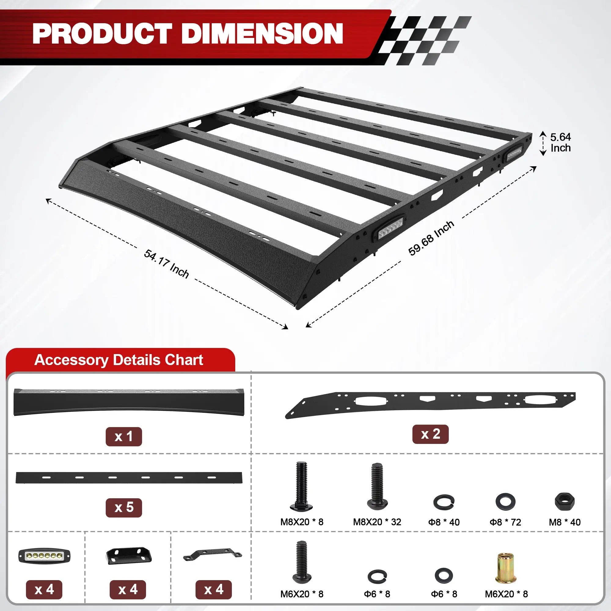 Longsun Ram 1500 Roof Rack for 2009-2018 Ram 1500 4th Gen Crew Cab Top Cargo Carrier with Side LED Lights