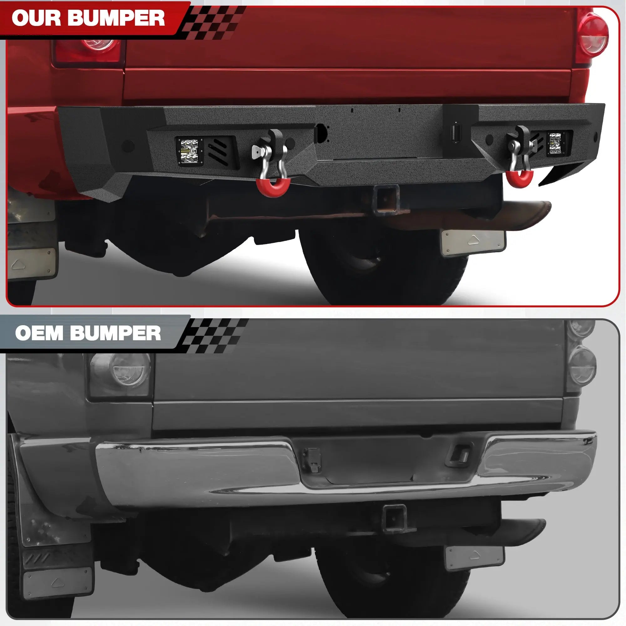 Longsun Ram Rear Bumper for 2002-2008 Ram 1500 & 2003-2009 Ram 2500/3500 | Heavy-Duty Steel Rear Bumper with Step Plate, LED Lights, D-Ring & Parking Sensor Holes
