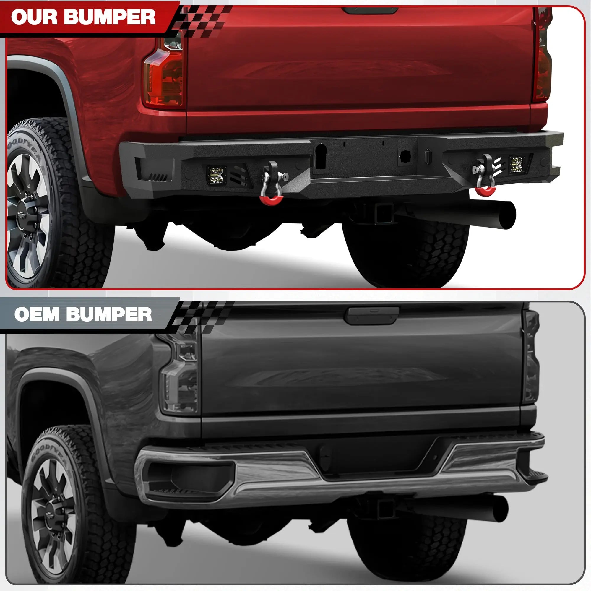 Rear Bumper for 2020–2026 Chevy Silverado GMC Sierra 2500HD 3500HD, Steel Step Bumper with LED Lights, D-Rings & Sensor Holes, Non-BSM