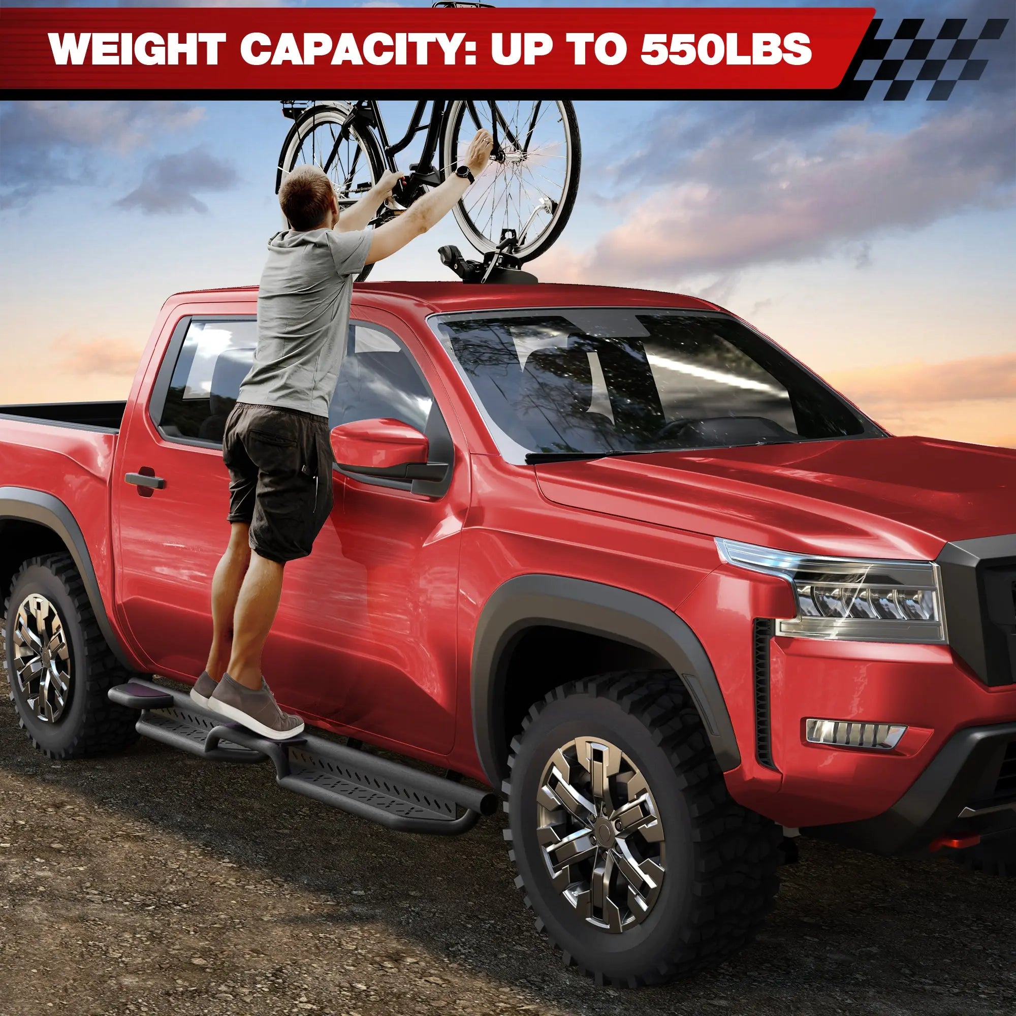 Running Boards for 2005–2026 Nissan Frontier Crew Cab, Dual Raised Step Side Steps, 550 LB Carbon Steel Nerf Bars