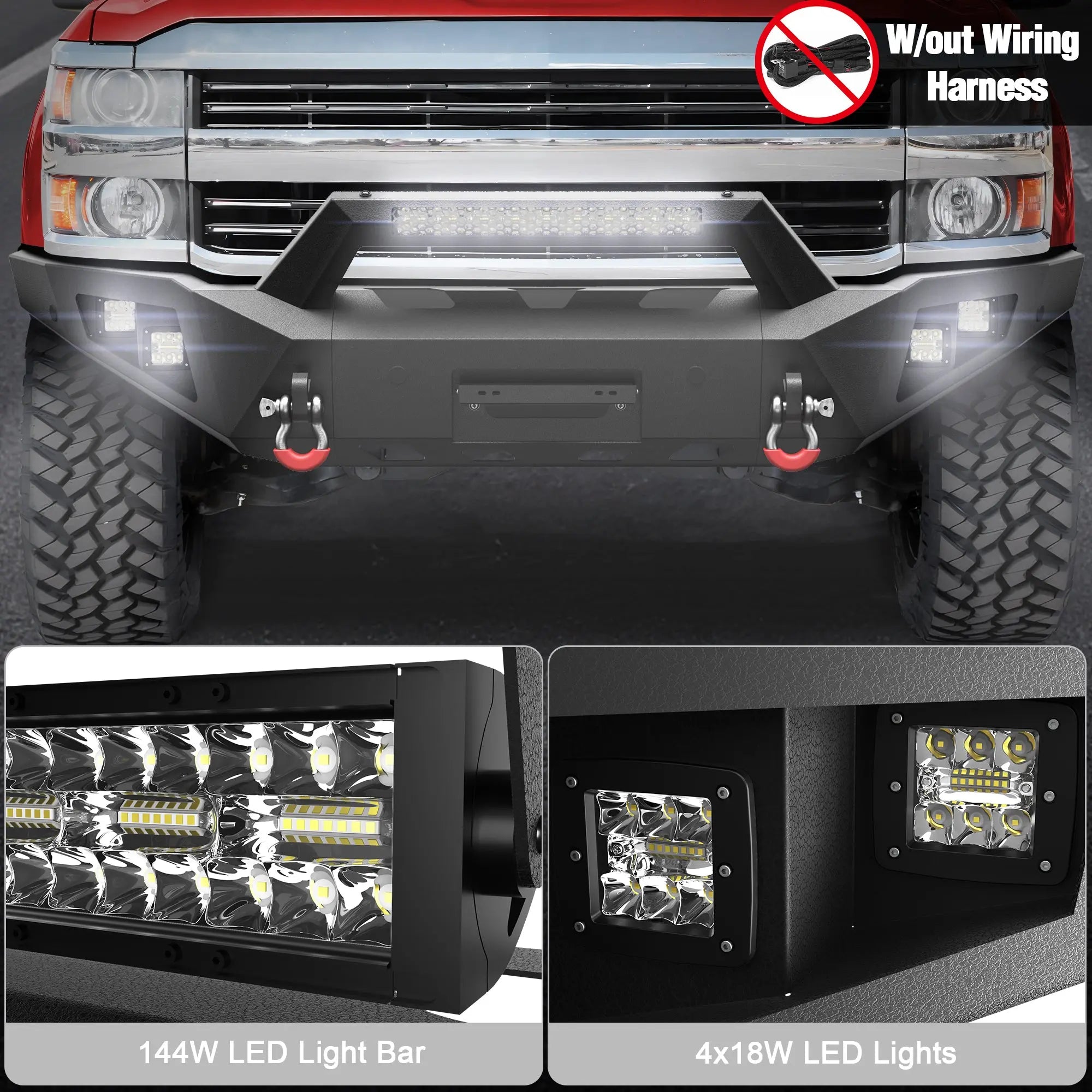 Longsun Front Bumper for 2015 2016 2017 2018 2019 Chevy Silverado 2500HD 3500HD | Heavy-Duty Steel Front Bumper with Winch Plate, LED Lights, D-Ring & Parking Sensor Holes