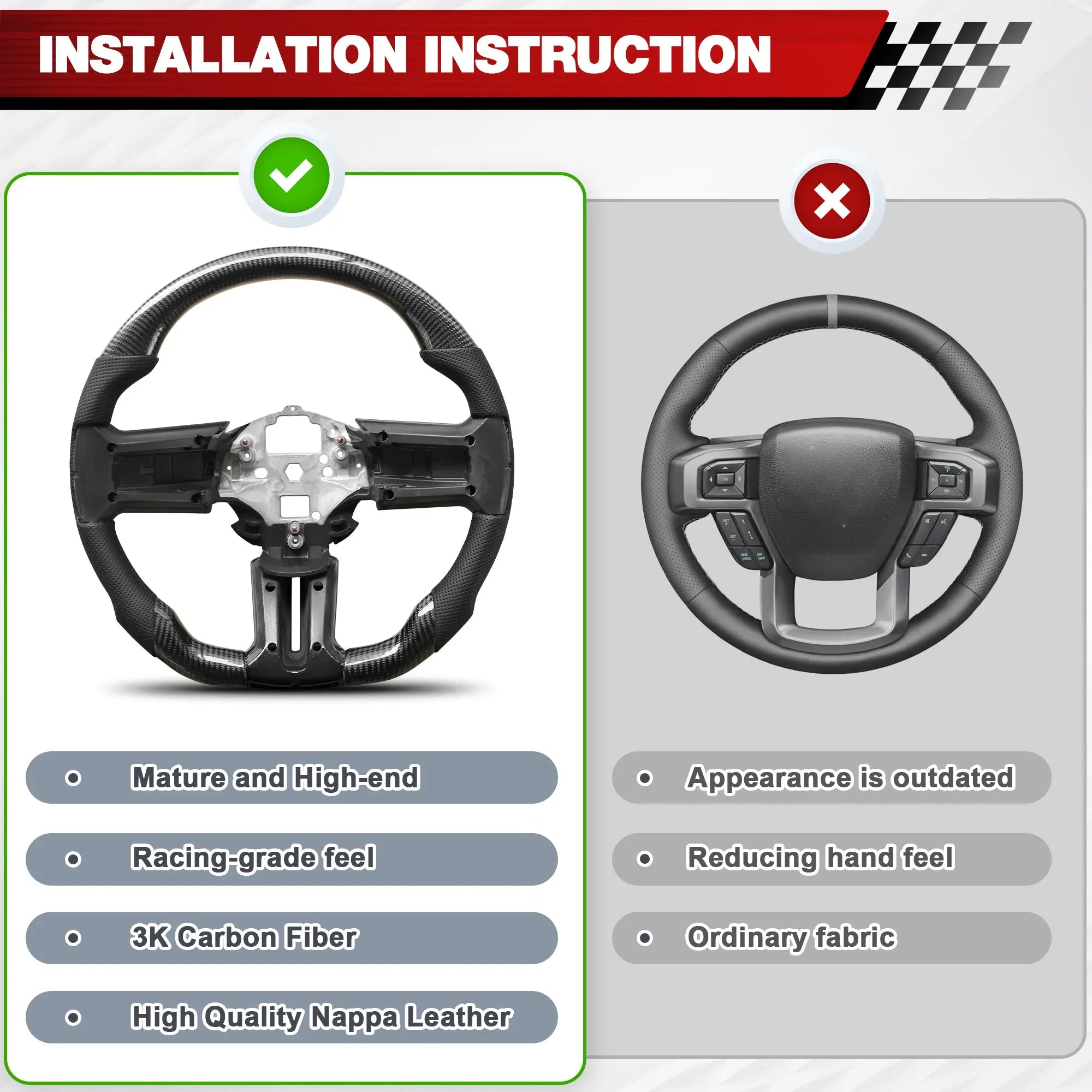 Carbon Fiber Steering Wheel for 2012–2014 Ford Mustang, Flat Bottom Performance Wheel with Nappa Leather Grip & Red Center Stripe