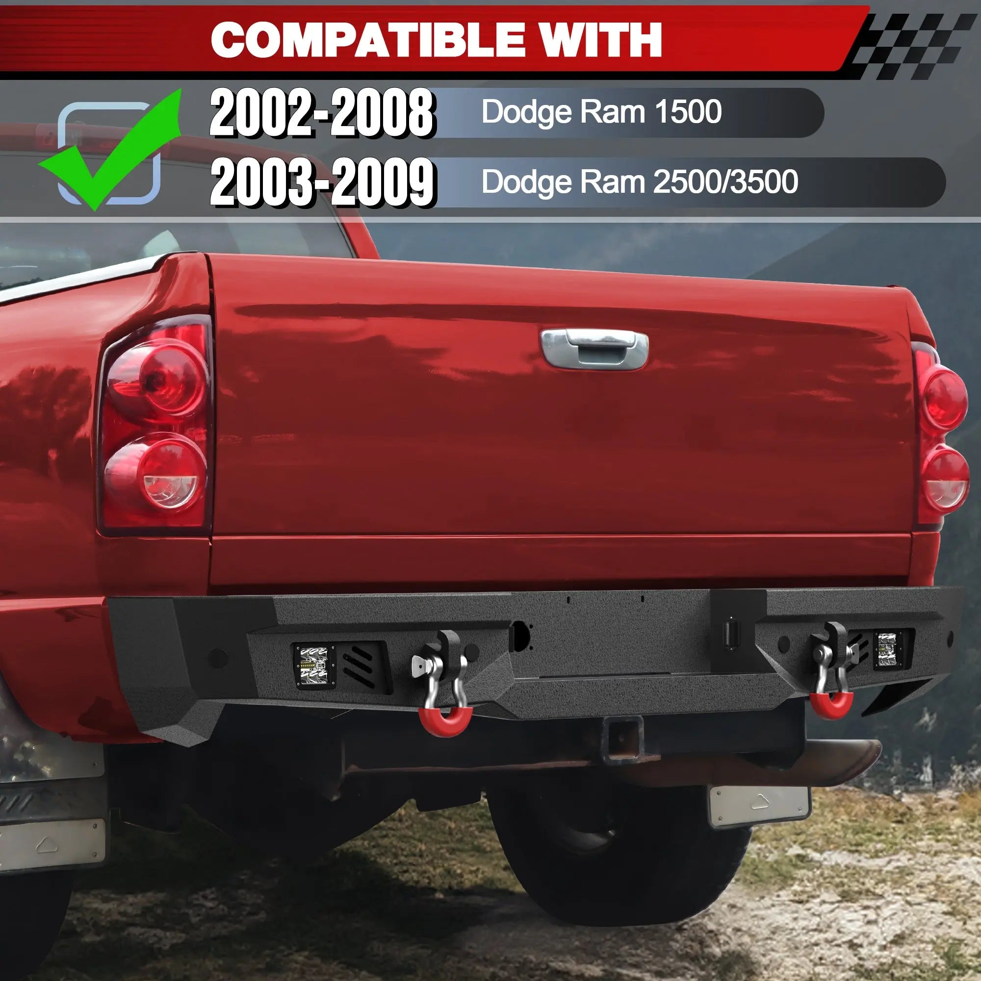 Longsun Ram Rear Bumper for 2002-2008 Ram 1500 & 2003-2009 Ram 2500/3500 | Heavy-Duty Steel Rear Bumper with Step Plate, LED Lights, D-Ring & Parking Sensor Holes