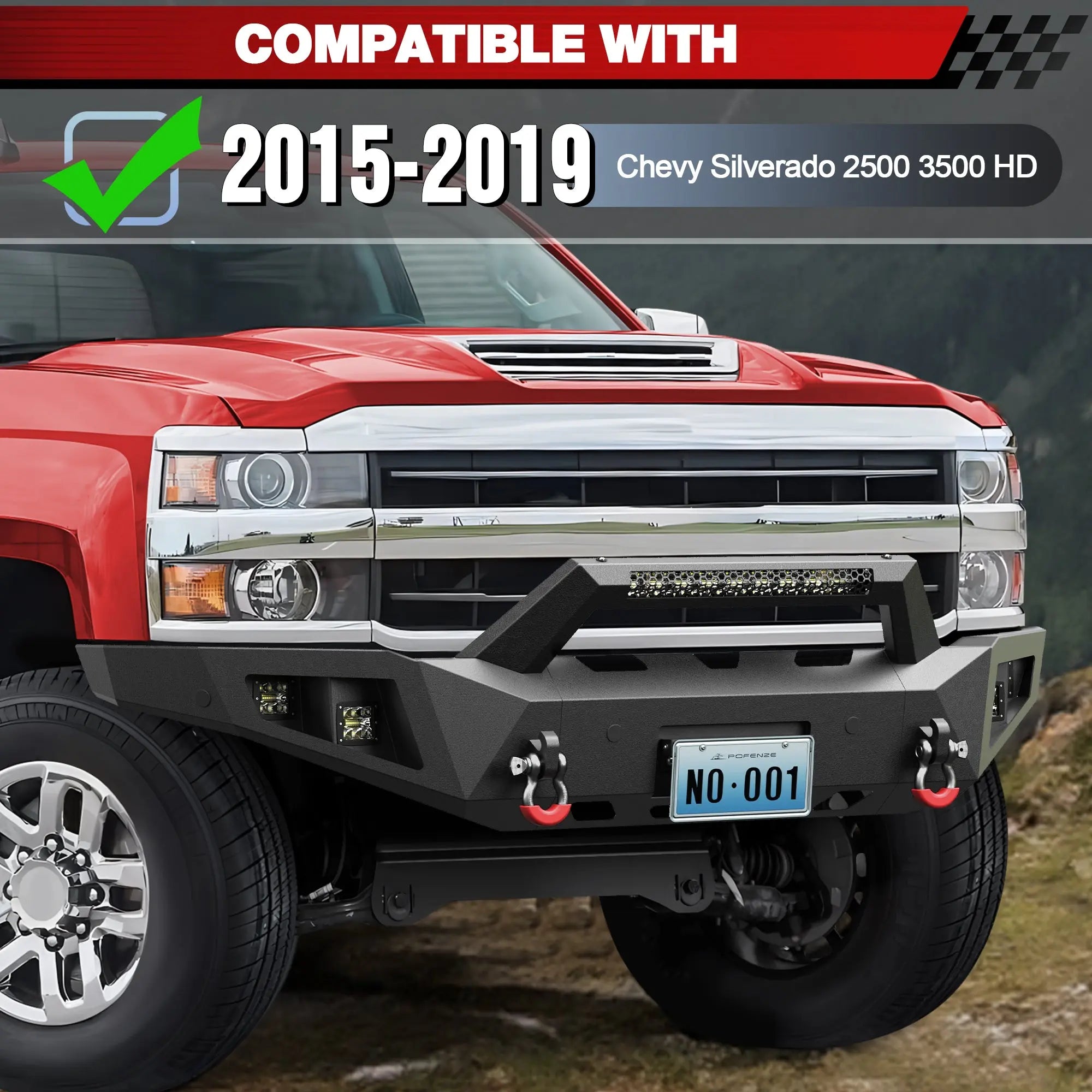 Longsun Front Bumper for 2015 2016 2017 2018 2019 Chevy Silverado 2500HD 3500HD | Heavy-Duty Steel Front Bumper with Winch Plate, LED Lights, D-Ring & Parking Sensor Holes