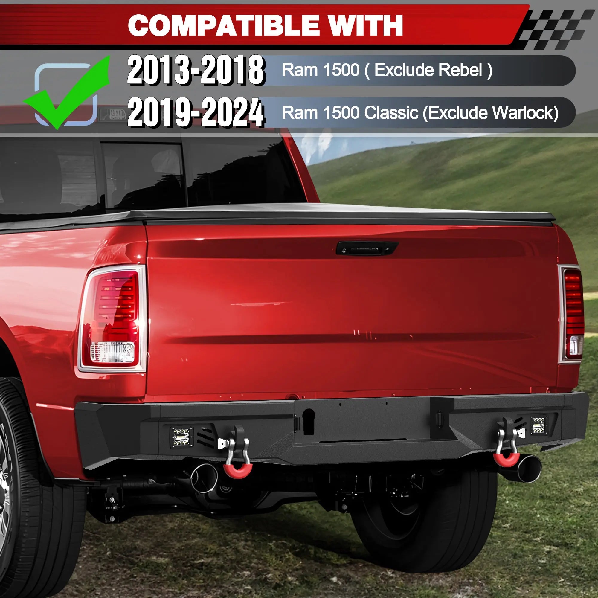 Front & Rear Bumper Set for 2013–2018 Ram 1500 & 2019–2024 Ram 1500 Classic, Steel Bumpers with LED Lights, D-Rings, Rear Step & Sensor Holes