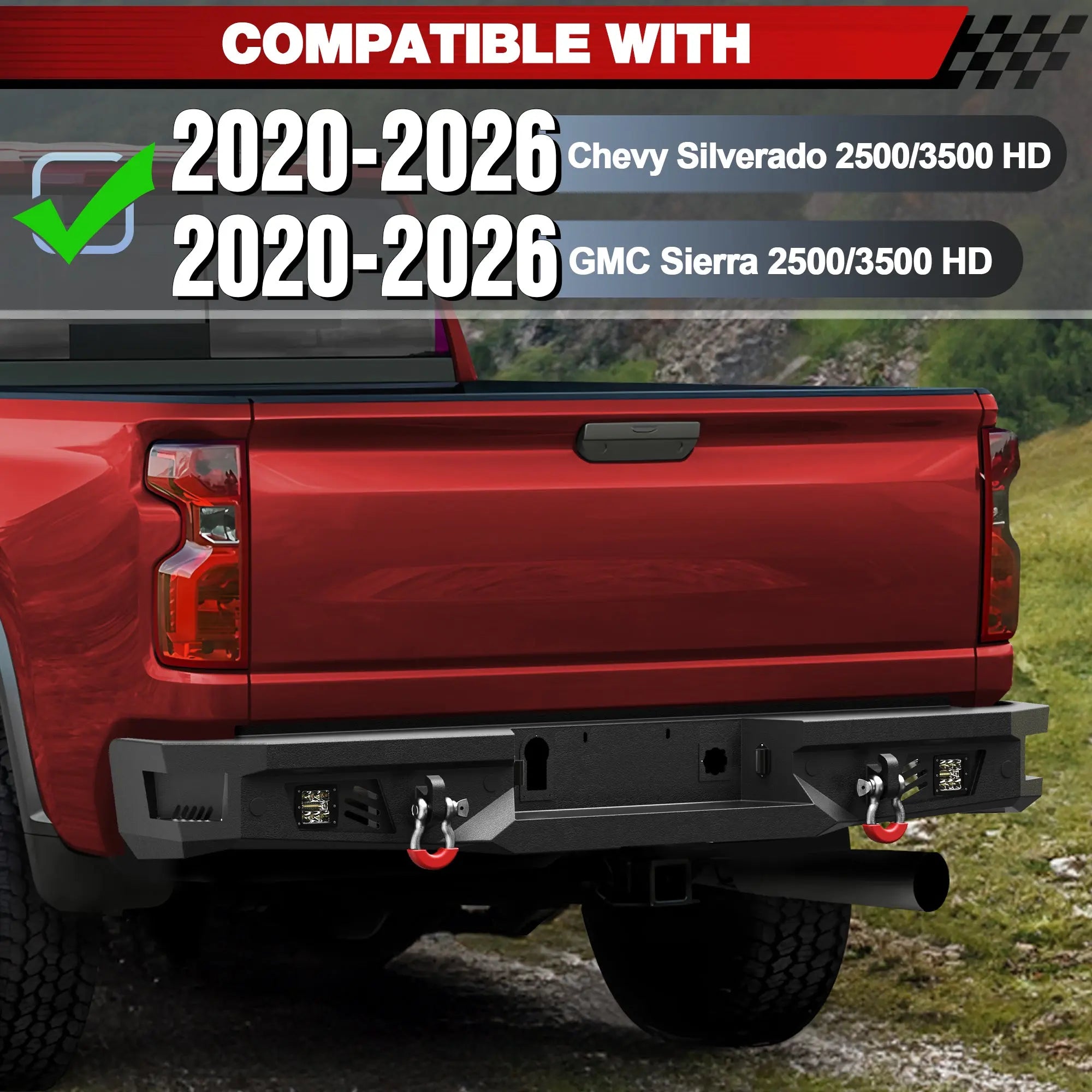 Rear Bumper for 2020–2026 Chevy Silverado GMC Sierra 2500HD 3500HD, Steel Step Bumper with LED Lights, D-Rings & Sensor Holes, Non-BSM