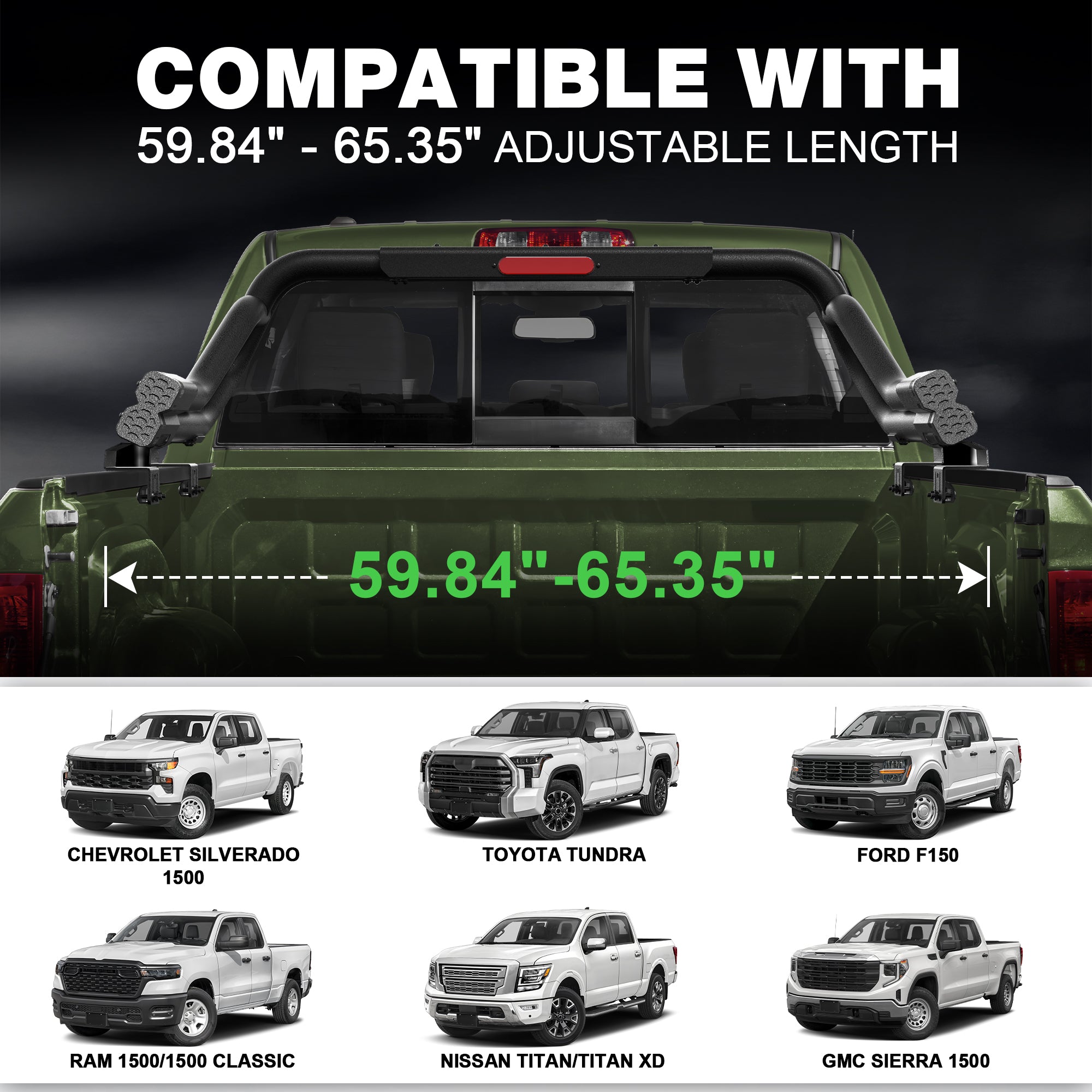 Adjustable Roll Bar for Full-Size Trucks, Heavy Duty Carbon Steel Truck Bed Rack & Chase Rack Compatible with Ford F-150, F-250, F-350, Chevy Silverado, GMC Sierra, Ram, Toyota Tundra & Nissan Titan