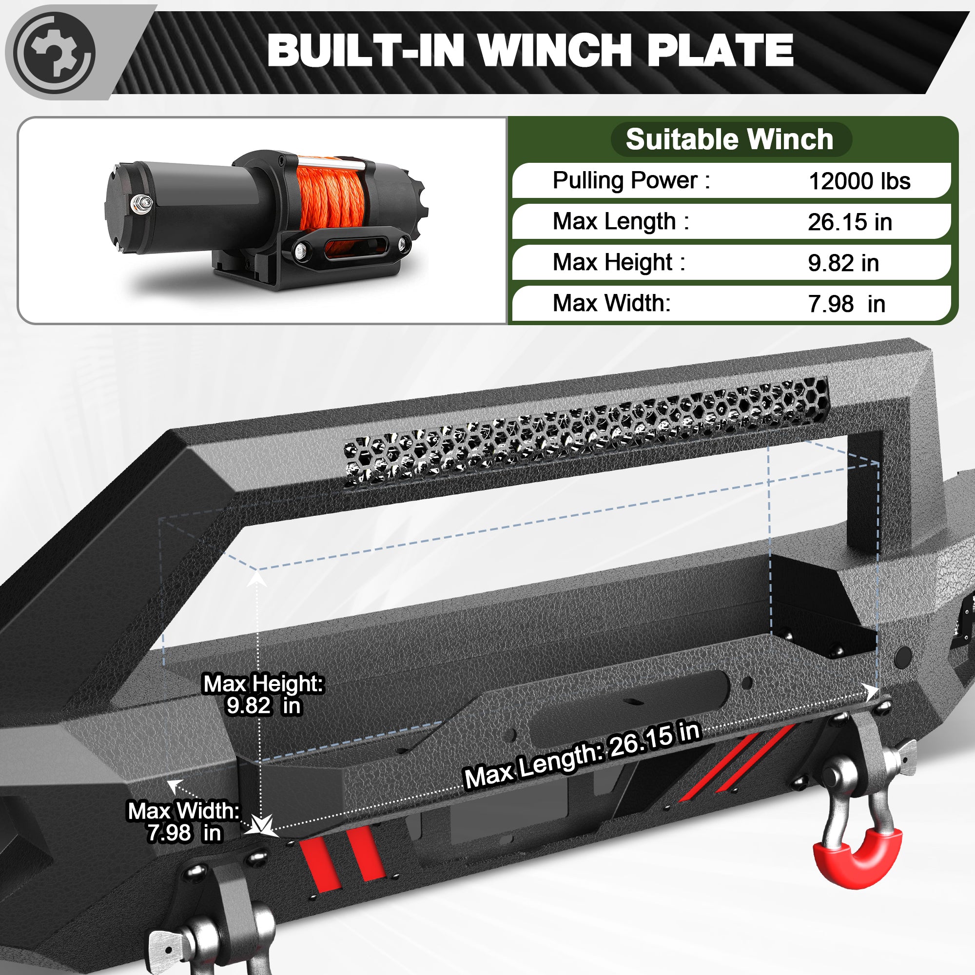 Bronco Front Bumper for 2021-2026 Ford Bronco | Off-Road Front Bumper with Winch Plate, LED Lights, D-Ring & Sensor Holes (Excludes Bronco Sport & Raptor)