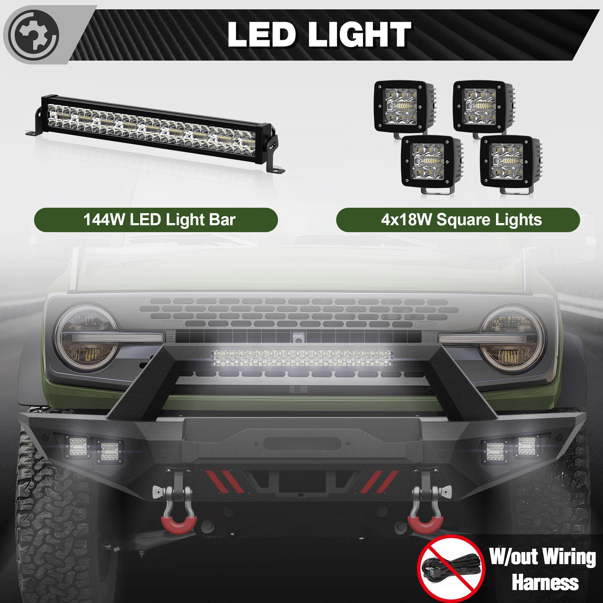 Bronco Front Bumper for 2021-2026 Ford Bronco | Off-Road Front Bumper with Winch Plate, LED Lights, D-Ring & Sensor Holes (Excludes Bronco Sport & Raptor)
